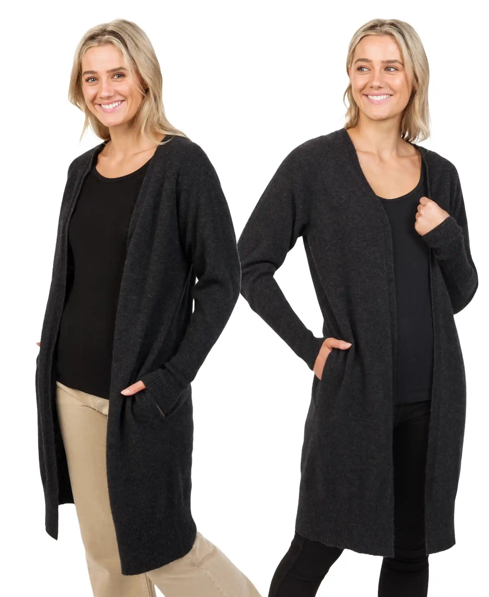 Charcoal Women's Longline Cardigan Sweater - Soft Open Front Duster Coat for Fall & Winter - Perfect for Office, Date Night & Casual Outfits