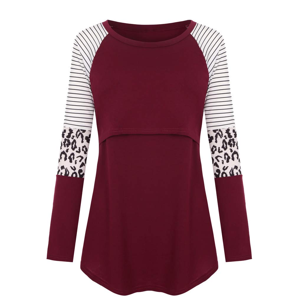 Women's Maternity Tops - Long Sleeve Patchwork Nursing Blouse in Wine Red | Comfortable Breastfeeding Clothes for Pregnancy & Nursing Moms - Perfect for Work, Outings and Daily Wear