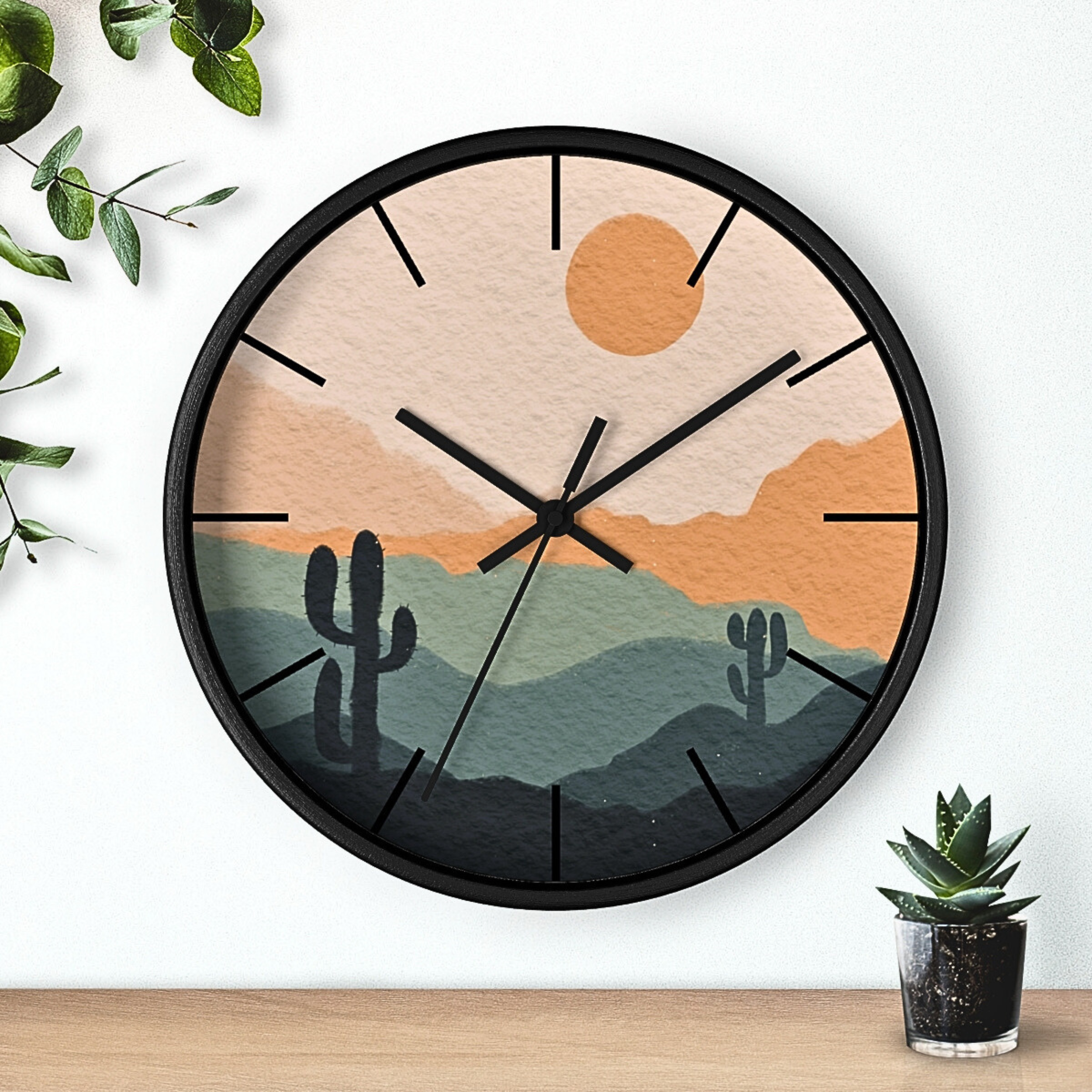 Silent Ticking Wall Clock - Rustic Desert Decor with 10 Inch Wood or Plastic Frame & Plexiglass - Southwestern Theme Home Office Decor for Living Room, Bedroom, Kitchen
