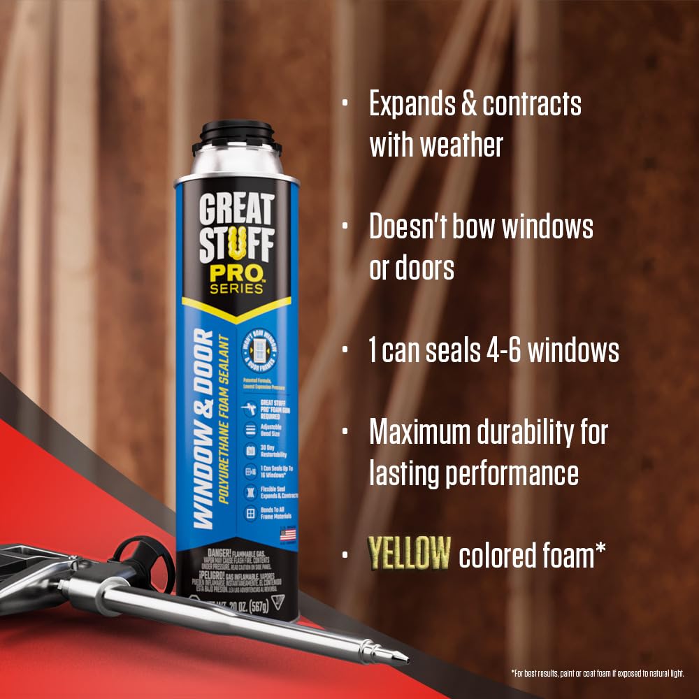 GREAT STUFF PRO 20oz Low Expansion Polyurethane Foam Sealant for Windows & Doors - Air Tight, Water Resistant, Insulating Spray Foam (Off White, Pack of 12 with Applicator Gun) - Perfect for Weatherproofing, Draft Protection & Home Insulation Projects