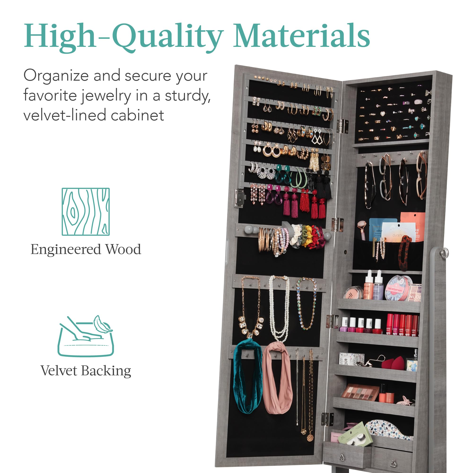 Best Freestanding Jewelry Armoire Cabinet with Full-Length Mirror - Lockable Makeup Storage Organizer with Velvet Lining, 3 Adjustable Angles, 5 Shelves & Accessory Pouch - Gray Oak - Perfect for Bedroom, Closet & Dressing Room Organization