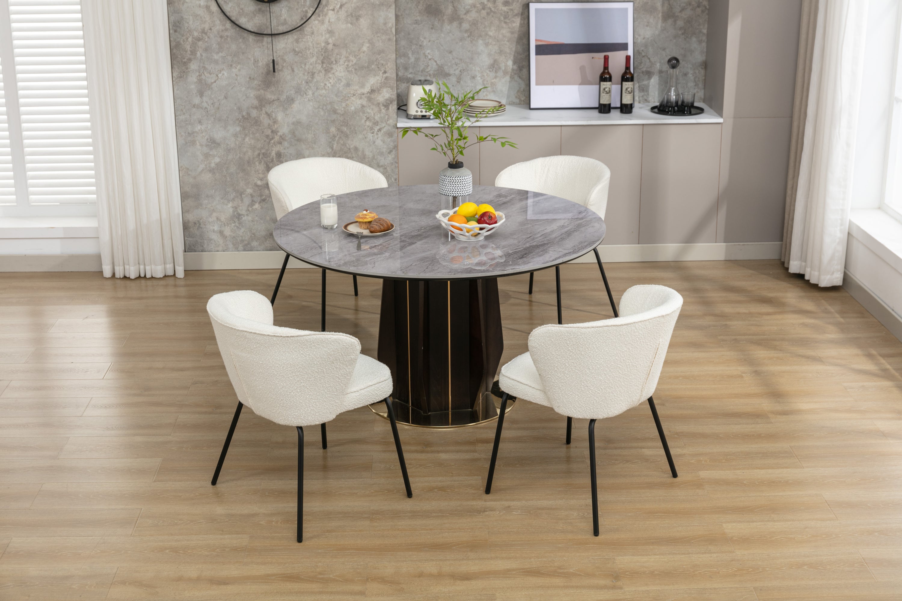 Set of 2 Modern Boucle Fabric Dining Chairs with Black Metal Legs in Ivory - Comfortable Upholstered Side Chairs for Kitchen, Dining Room, and Office Use