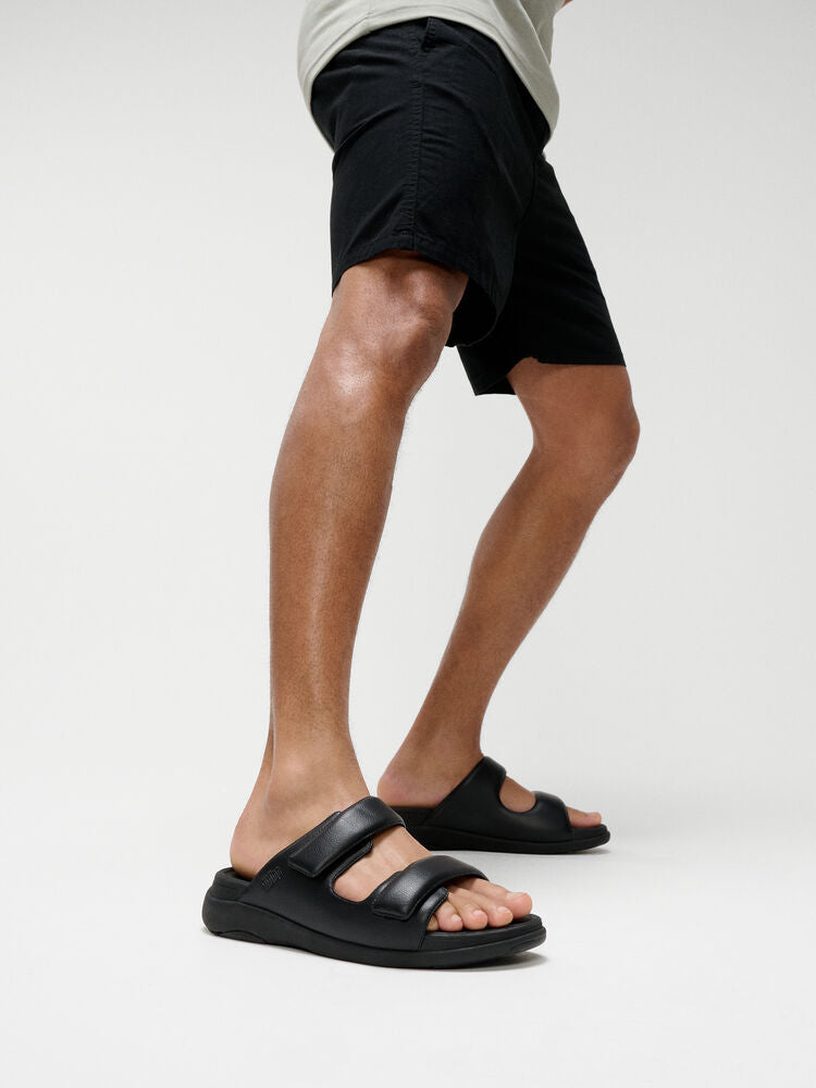 FitFlop Men's F-Mode Go Adjustable Two-Bar Slide Sandals - All Black | Comfortable & Supportive Footwear for Walking, Travel & Casual Wear