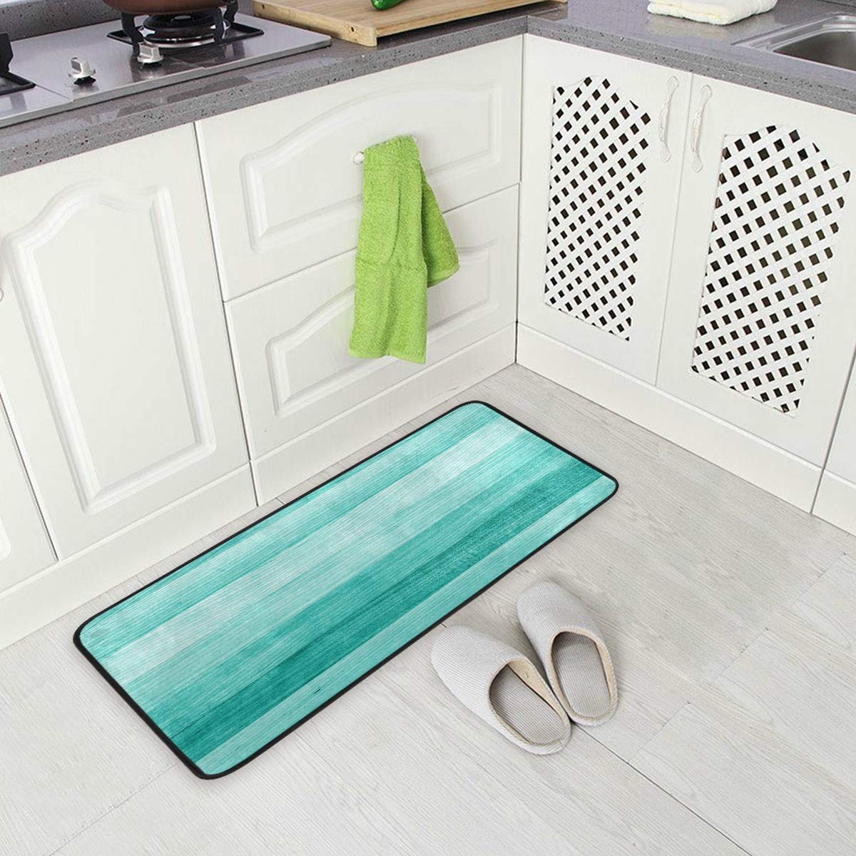 Vintage Teal Kitchen Rug - Non-Slip Washable Mat for Kitchen & Bathroom - 39x20 Inch