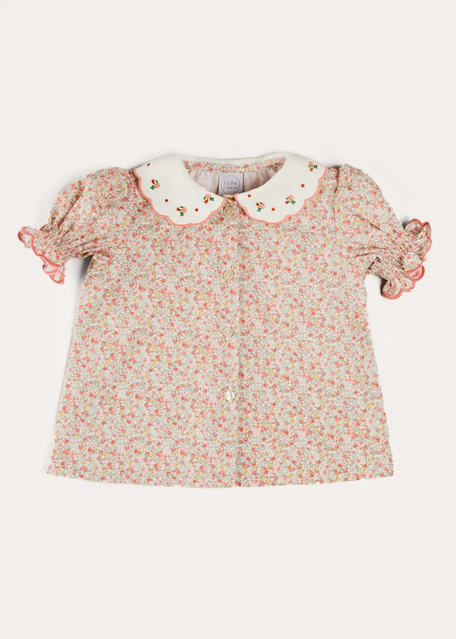 Floral Embroidered Short Sleeve Blouse for Girls - Coral Pink Cotton Top (18 Months to 10 Years) | Perfect for Spring Outfits, Birthday Parties & Family Photos