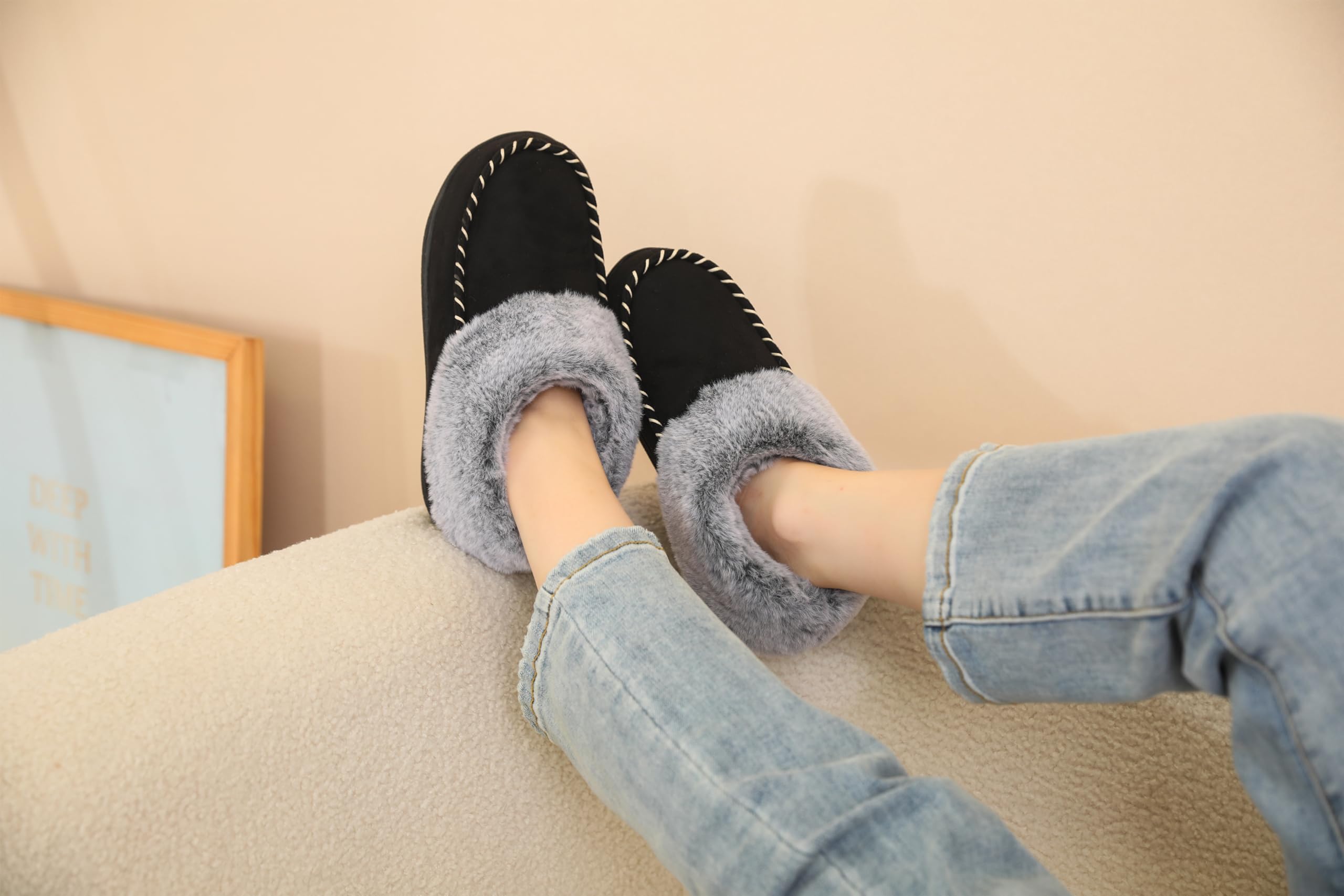 VONMAY Women's Bootie Slippers - Soft Suede Moccasin Boots with Fuzzy Plush Faux Fur Lining, Memory Foam Insoles for Winter Warmth, Non-Slip Indoor/Outdoor House Shoes - Perfect for Cozy Home Wear, Winter Lounging & Quick Outdoor Errands