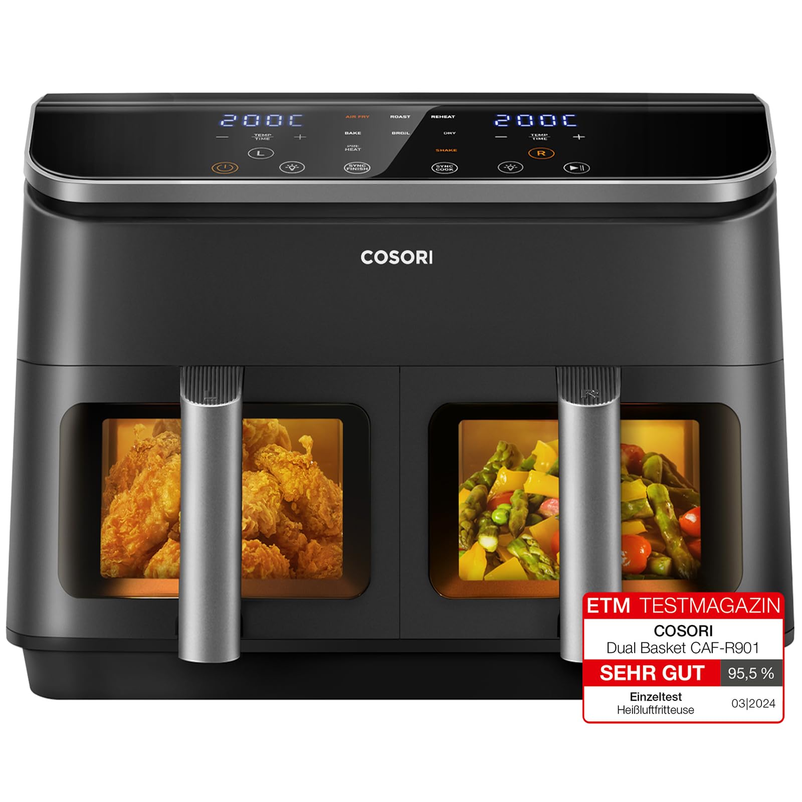 COSORI 8.5L Dual Zone Air Fryer - Oil Free Deep Fryer with 55% Energy Saving, 85% Less Oil - Large Capacity for 8 People - Sync Cooking at 35-230°C - Includes Recipe Book - Perfect for Family Meals, Healthy Snacks and Party Cooking