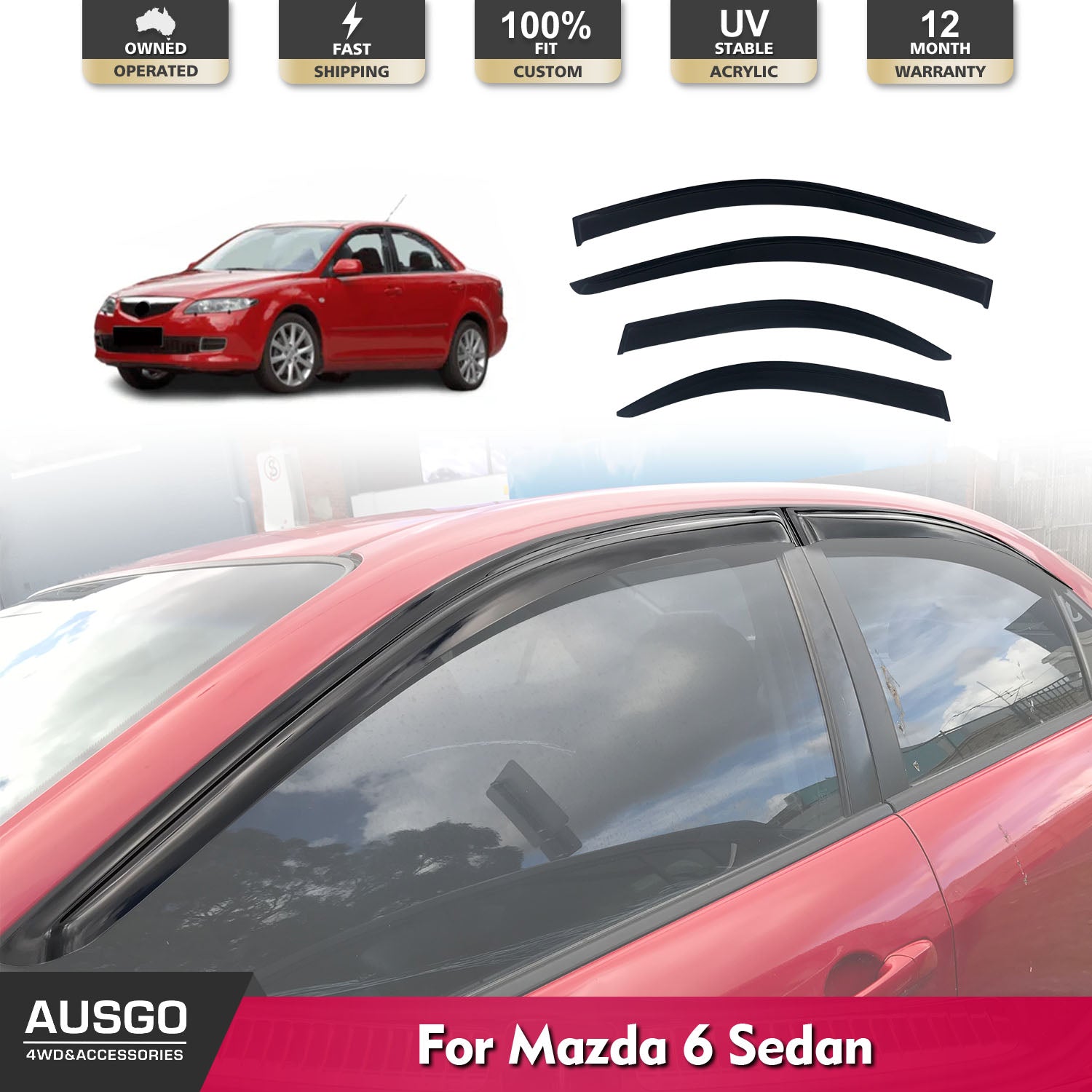 2002-2007 Mazda 6 GG Sedan Car Window Weather Shields - Rain Guards & Wind Deflectors for All-Weather Protection (Perfect for Rainy Days & Highway Driving)