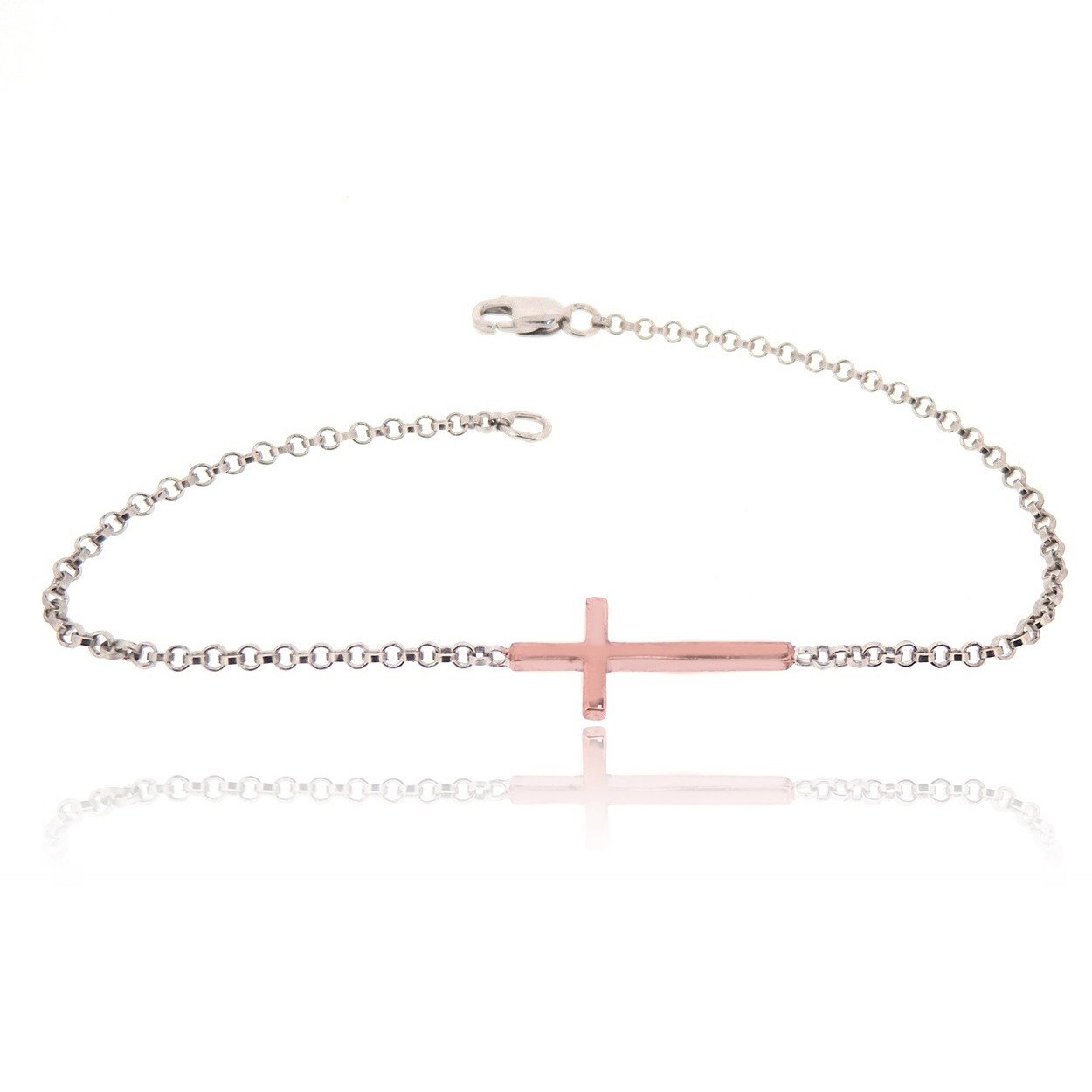 925 Sterling Silver Rhodium Plated Cross Chain Bracelet for Women with Pink Gold Accent - Religious Jewelry Gift for Christmas, Baptism, Confirmation | Elegant Faith-Based Accessory for Church, Weddings & Special Occasions