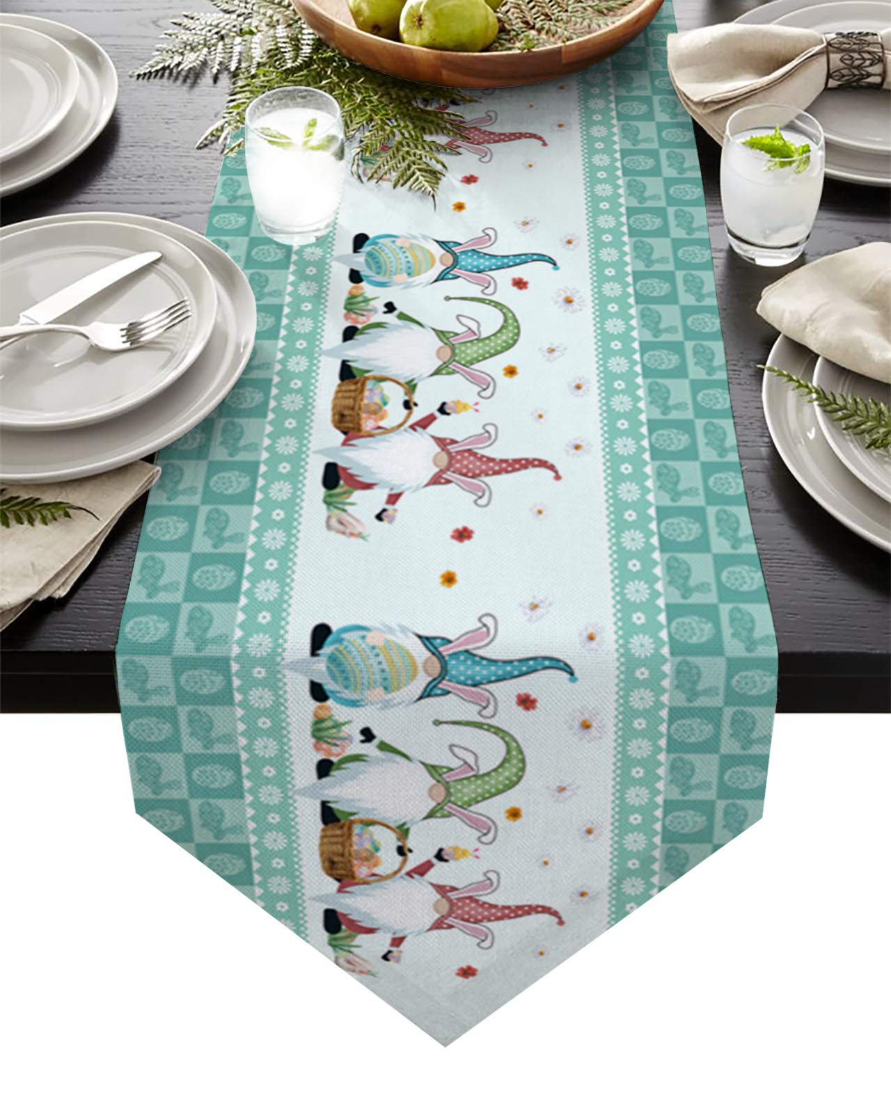 Easter Gnome Table Runner - 72 Inch Cotton Linen Farmhouse Table Scarf for Easter, Weddings & Dining Decor - Daisy Rabbit Bunny Pattern in Teal Green - Perfect for Holiday Tables, Buffet Servers, and End Table Decorations