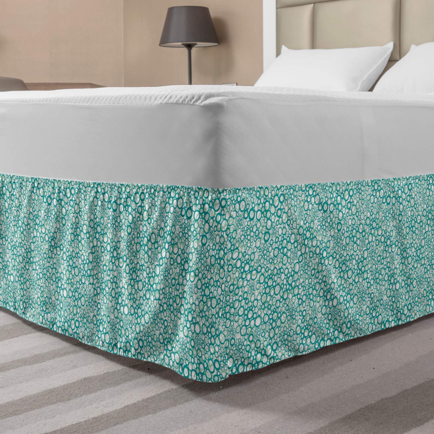Ambesonne Abstract Elastic Bed Skirt - Rhythmic Spring Bubbles Design on Plain Background, Wrap Around Fabric Bedskirt Dust Ruffle for Queen Size Bed, Almond Green Seafoam Color | Perfect for Modern Bedroom Decor & Guest Room Styling