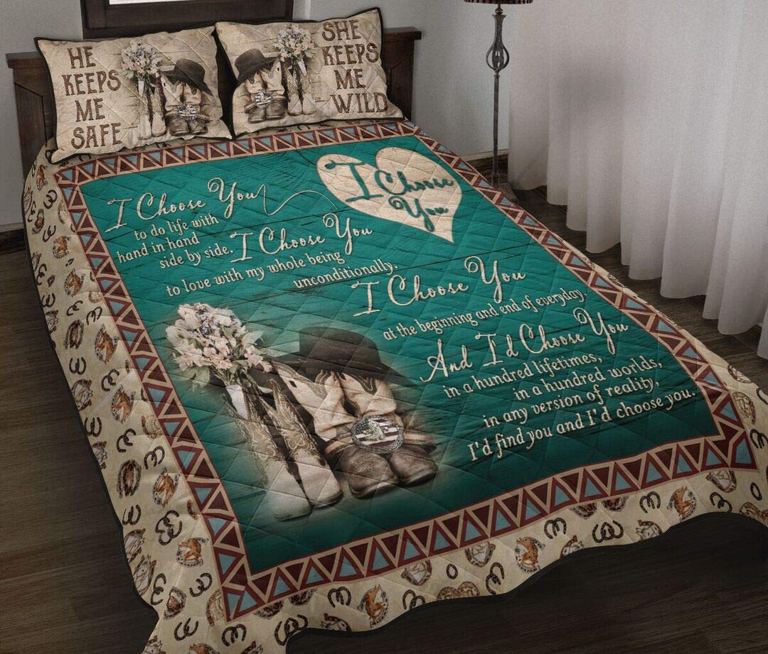 I Choose You Blue Country Quilt - Couple Bedding Set Coverlet Bedspread Comforter for Queen, King & Twin Size | All Season Cotton Quilt for Cozy Home Decor, Farmhouse Style Bedroom & Gift Idea