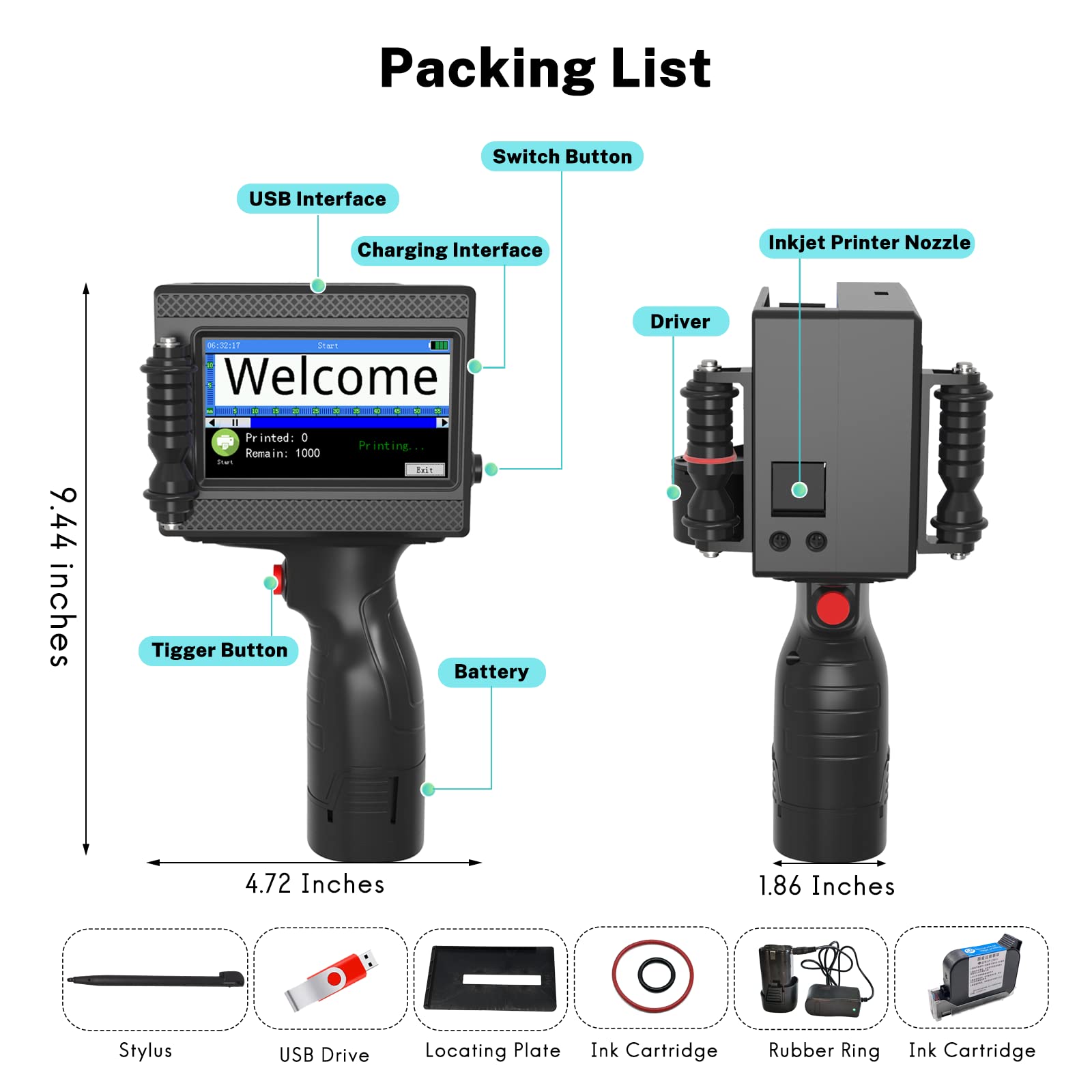 CHIKYTECH ZK-1690 Portable Handheld Inkjet Printer with 4.3