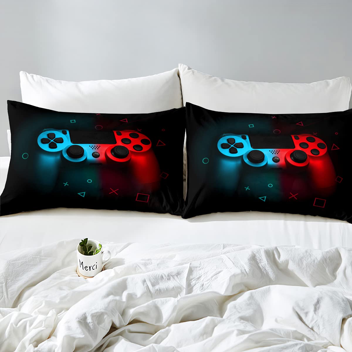 Retro Gaming Bedding Set for Boys - Twin Size Blue & Red Game Controller Printed Fitted Sheet, Flat Sheet & Pillowcase - Video Game Themed Bedroom Decor for Teens, Kids & Gamers - Perfect for Game Rooms, Sleepovers & Gaming Enthusiast Gifts