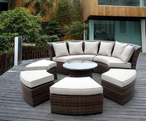 Ohana 7-Piece All-Weather Outdoor Patio Furniture Set - Wicker Round Couch with Free Cover - Perfect for Backyard, Garden, Poolside & Terrace Relaxation