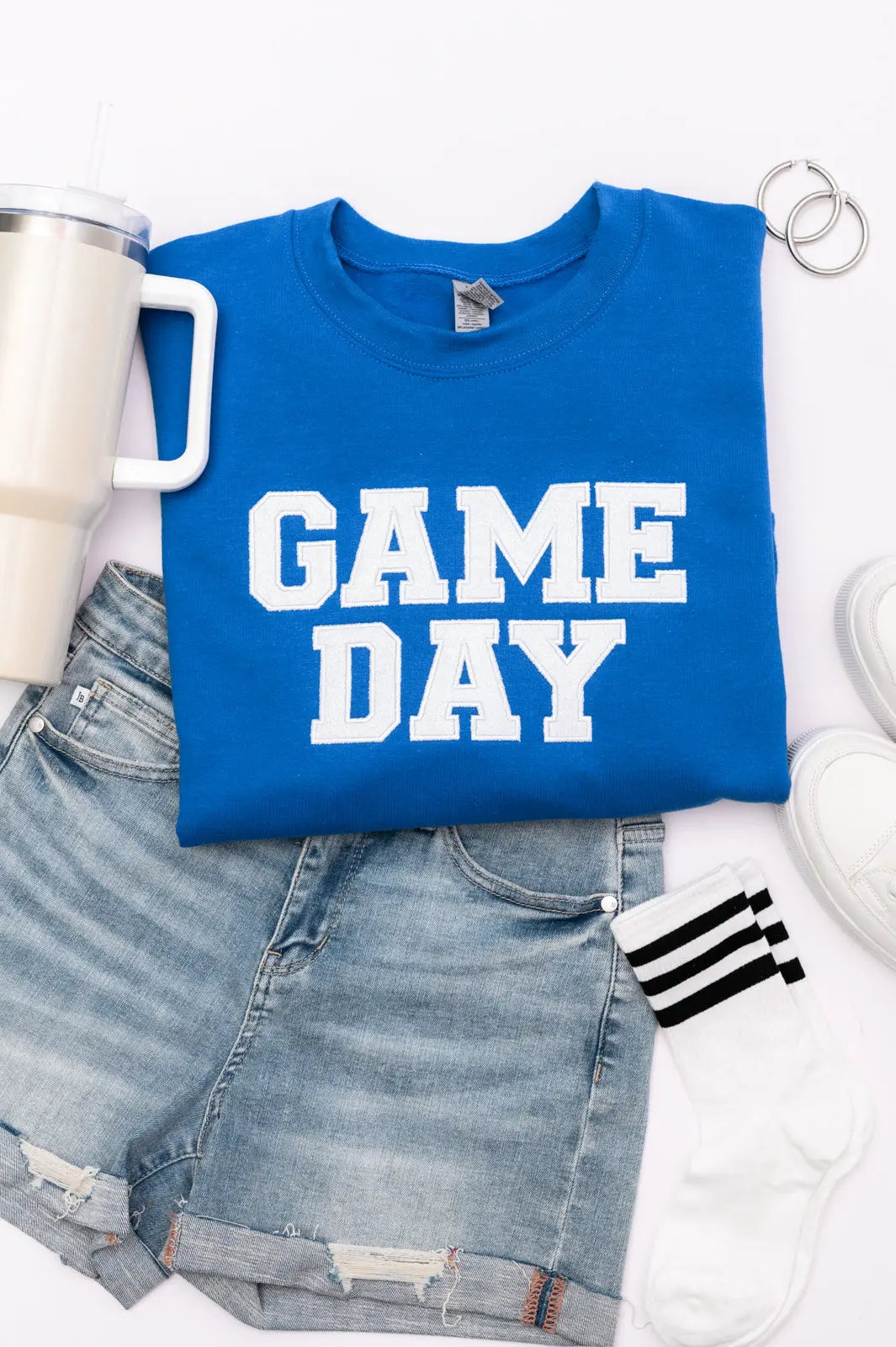 PREORDER: Embroidered Glitter Game Day Sweatshirt - Royal Blue & White | Perfect for Football Tailgates, College Parties & Sports Fan Apparel