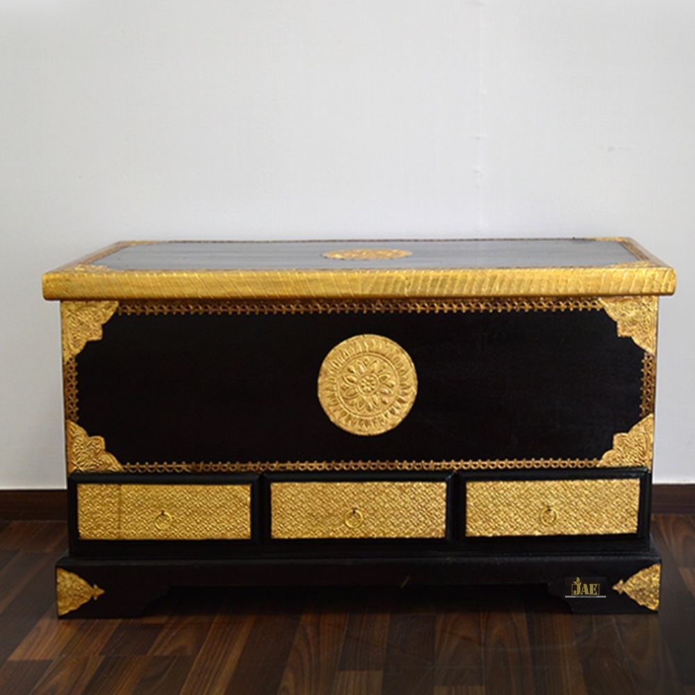 Handmade Mango Wood Storage Trunk with Brass Fittings - Embossed Black Design | Vintage Decorative Chest for Home Décor, Blanket Storage & Wedding Gift
