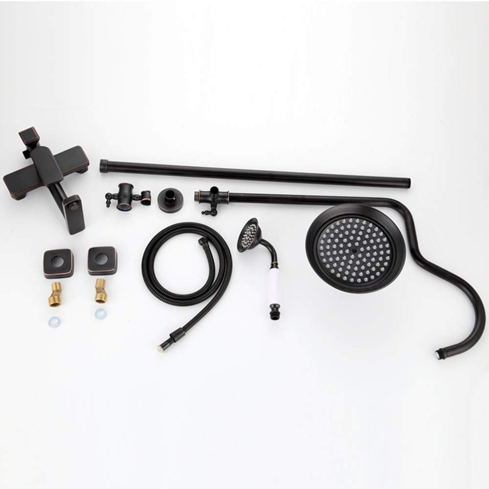 Vintage Brass Shower Faucet Set - 20cm Round Rainfall Shower Head with 3 Spray Modes (Hot/Cold Water) - Black Matte Finish for Bathroom & Spa Relaxation