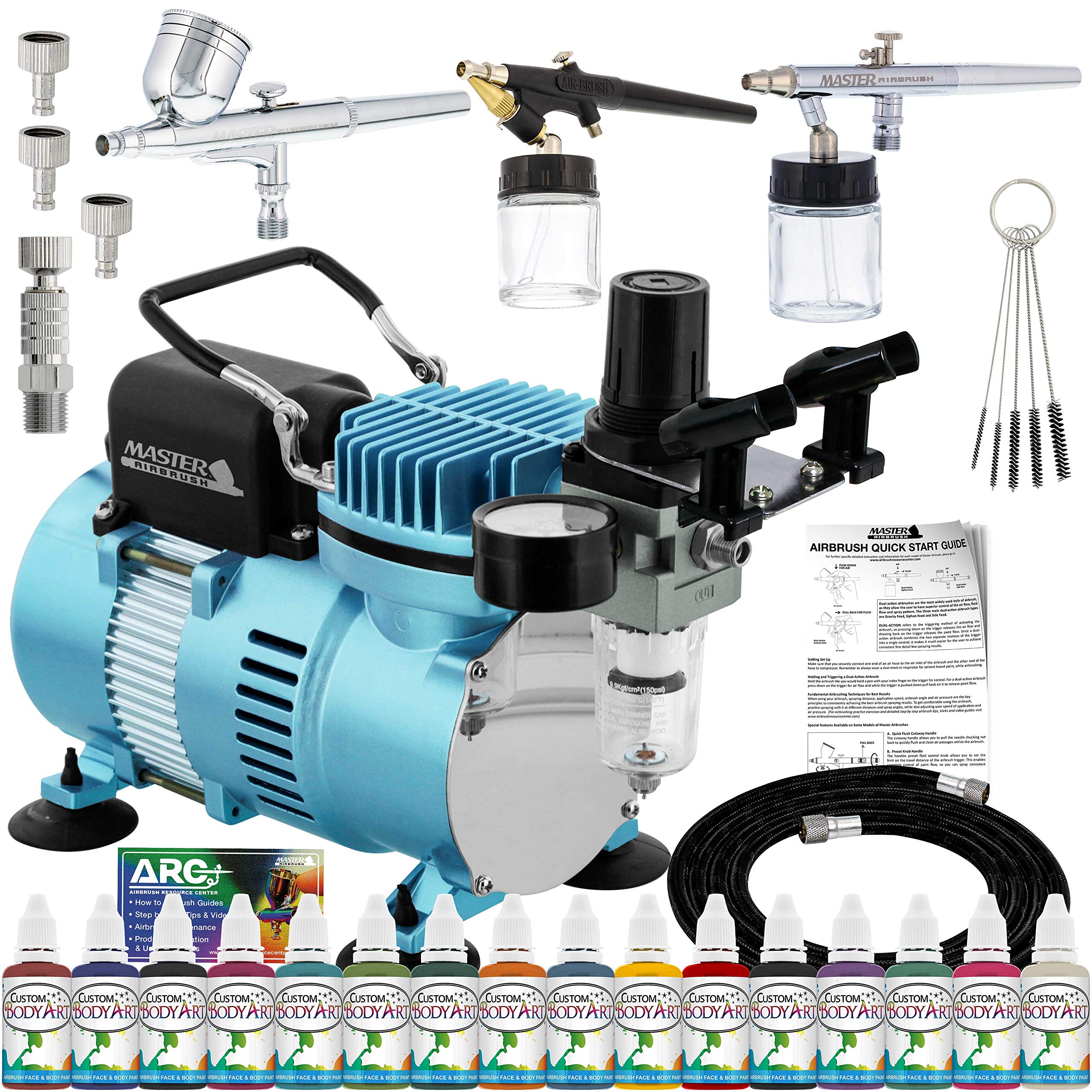 Master Airbrush Professional Airbrushing System Kit - 3 Airbrushes, 16 Color Water-Based Face & Body Paint Set with Cool Runner II Dual Fan Compressor - Washable Temporary Tattoo Kit for Halloween, Cosplay & Body Art - Includes Step-by-Step Guide