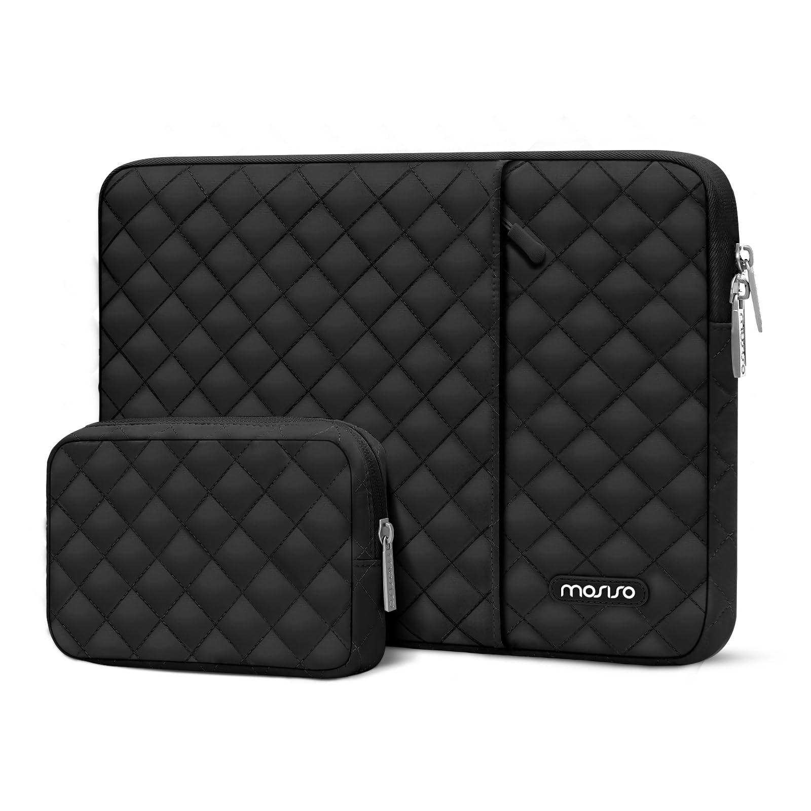 MOSISO 15 Inch Laptop Sleeve Bag - Waterproof Quilted Vertical Case Compatible with MacBook Air M4/M3/M2 (2023-2025), Surface Pro, Dell XPS - Protective Computer Bag with Front Pocket & Accessory Pouch (Black) - Perfect for Work, School & Travel