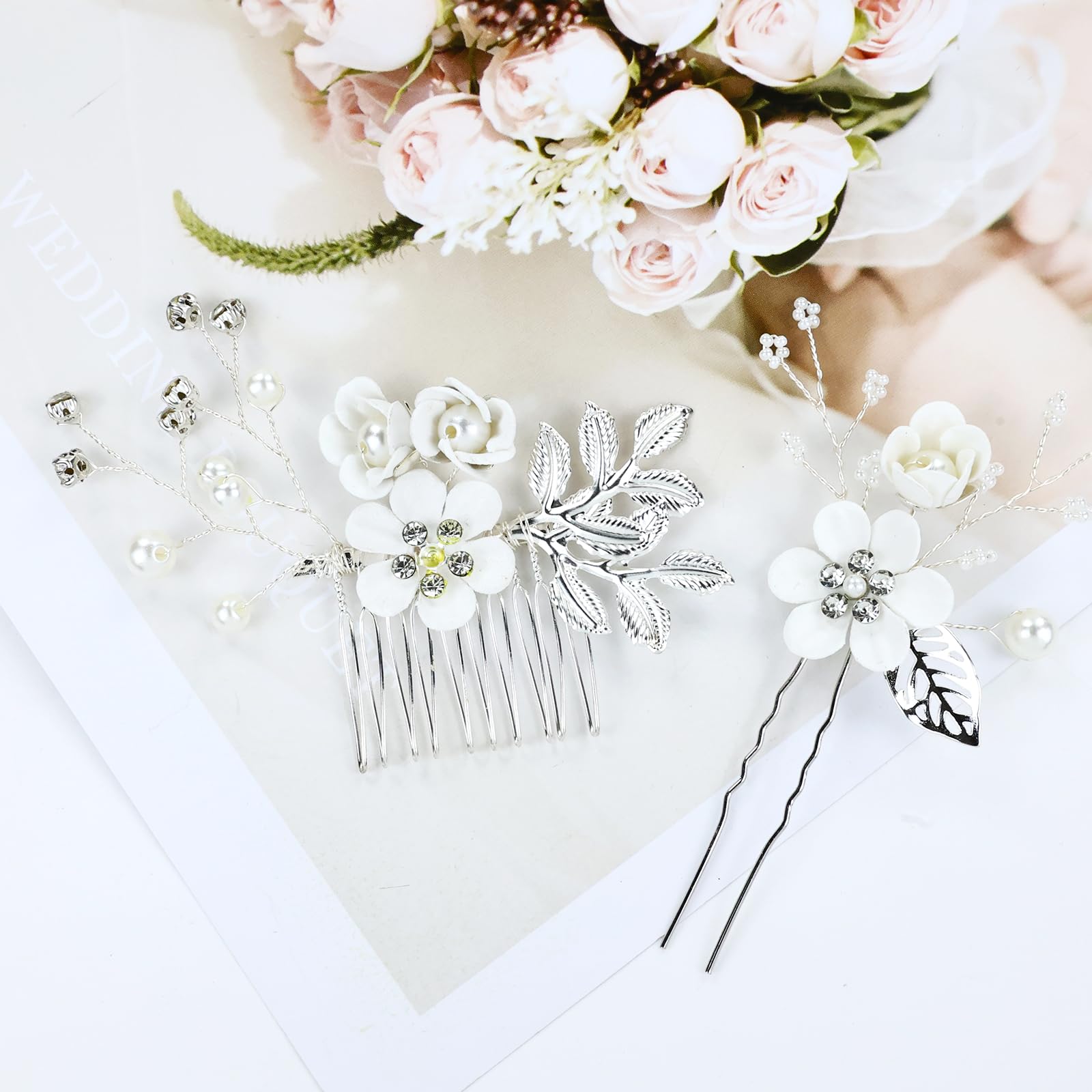 18-Piece Bridal Hair Accessories Set - Pearl Rhinestone White Flower Hair Combs, U-Pins & Spiral Hairpins for Weddings, Prom, Parties | Perfect for Brides, Bridesmaids & Women