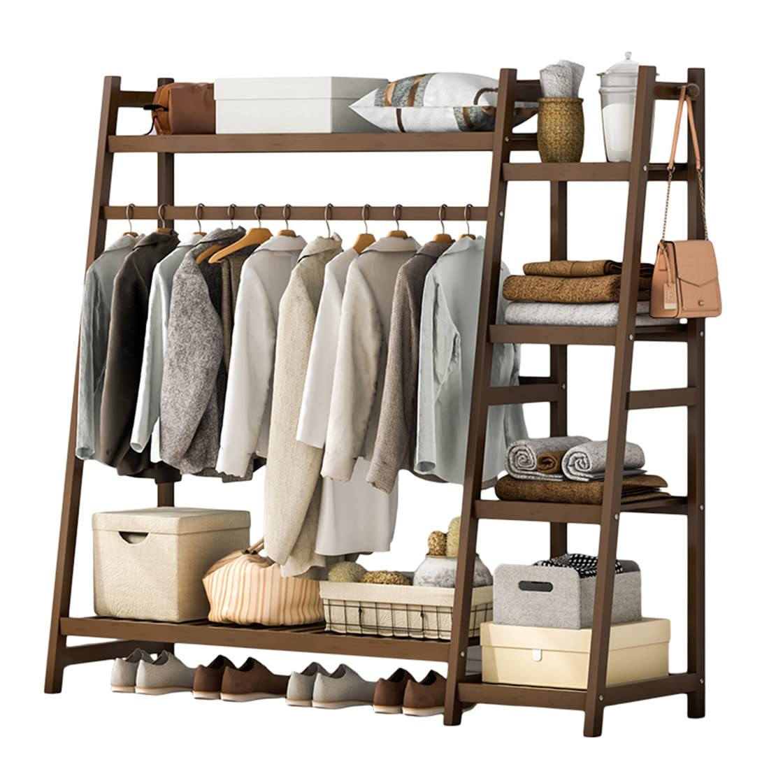 LLLD 4-Tier Bamboo Wood Garment Rack - Free Standing Closet Organizer with Storage Shelf for Jackets, Coats, Pants & Shoes | Space Saving Corner Clothes Hanger for Bedroom, Closet & Laundry Room Organization
