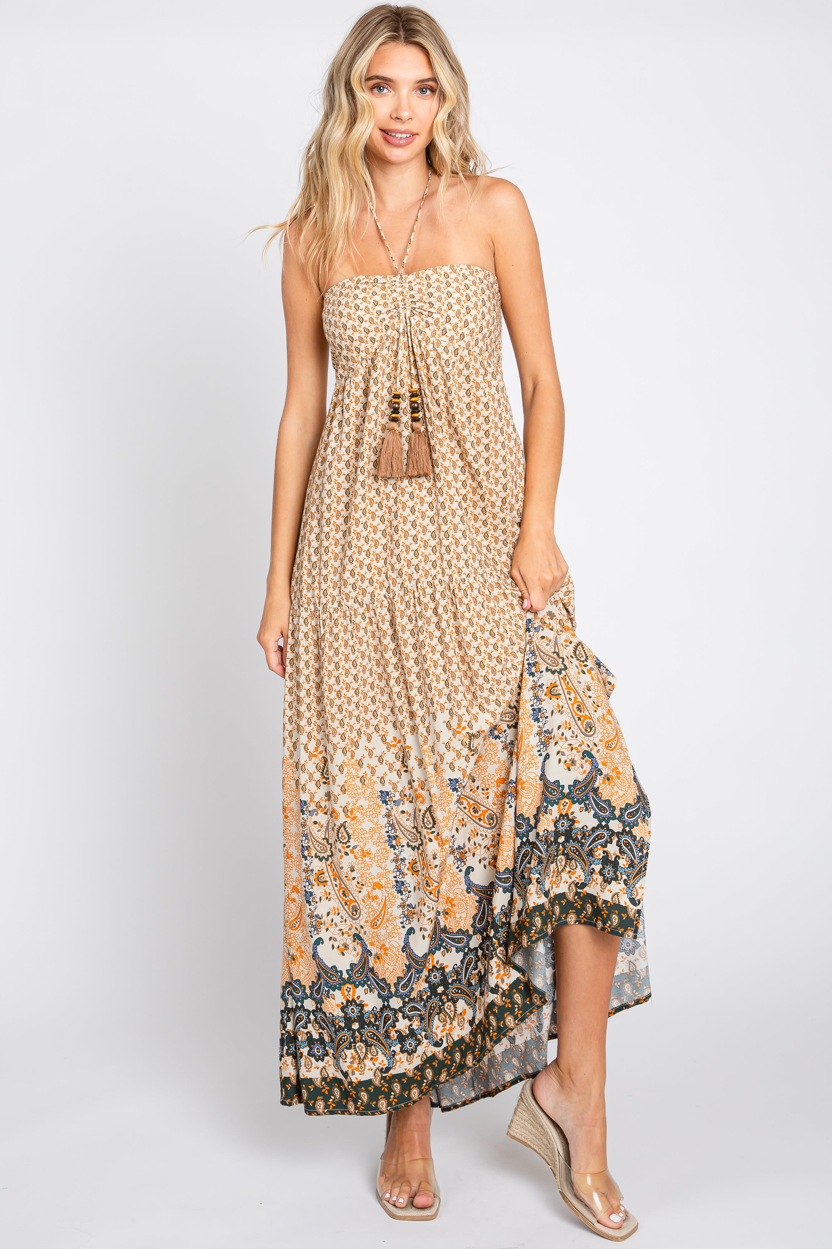 Beige Floral Paisley Halter Maxi Dress for Women - Boho Summer Beach Wedding Party Dress - Elegant Long Flowy Dress for Vacation, Date Night & Special Occasions