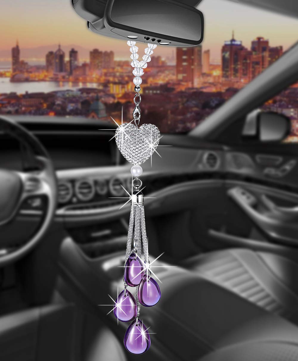 Sparkling Purple Rearview Mirror Hanging Ornaments - Bling Car Mirror Decor for Women, Cute Car Accessories, Car Bling Jewelry - Perfect for Daily Commute, Road Trips & Gift Giving