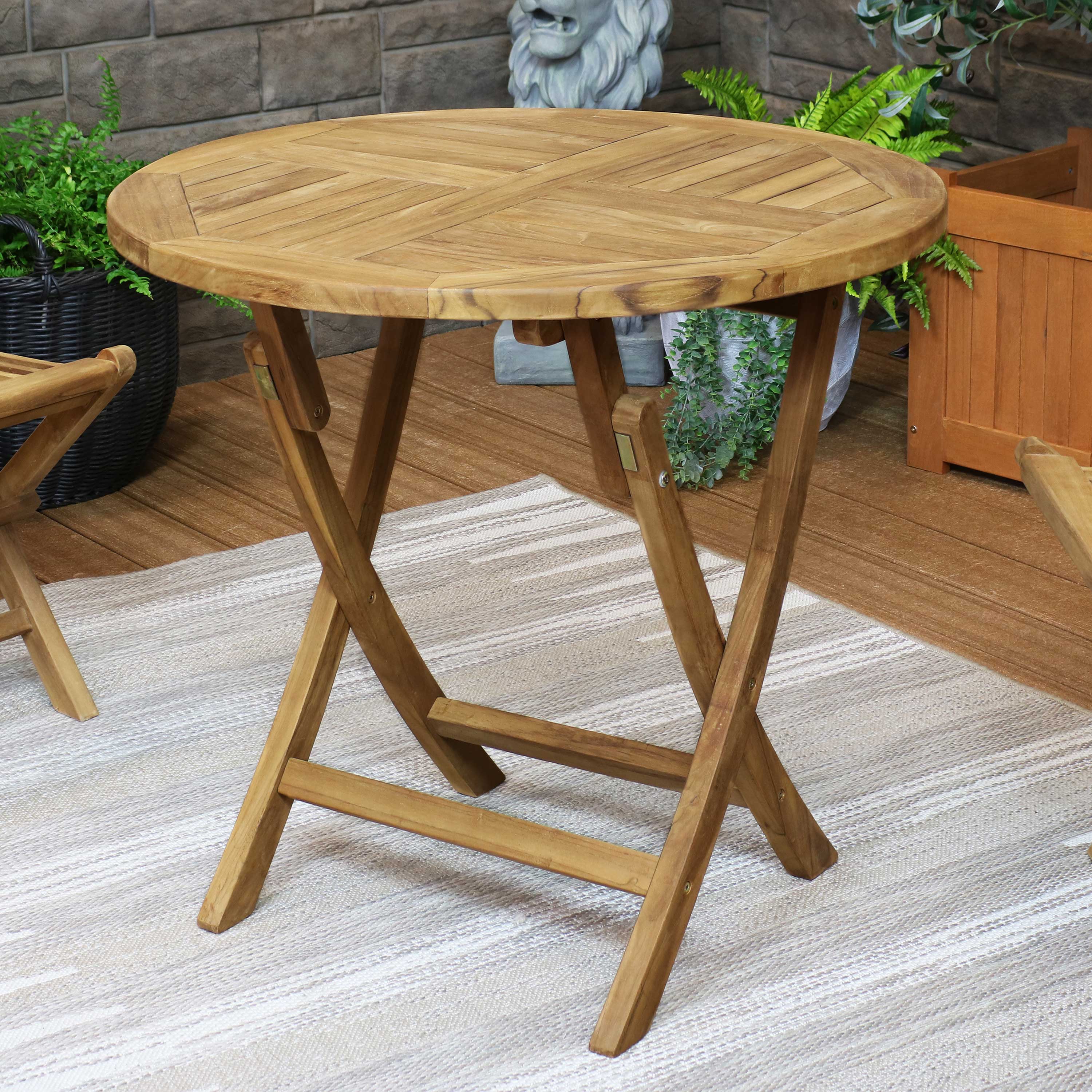Premium Teak Wood Round Folding Table - Outdoor Patio Dining & Garden Furniture for Backyard, Poolside & Camping