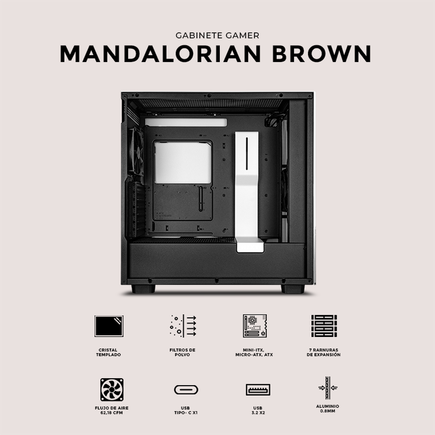 XTREME Gaming PC Case - Mandalorian Brown Edition, ATX Mid Tower with 2 Fans, USB-C & Tempered Glass, White - Perfect for Gaming Rigs & Custom Builds