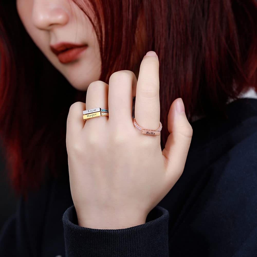 Custom Stackable Bar Ring for Women - 925 Sterling Silver Personalized Engraved Initial/Year/Name Rings with Birthstone | Anniversary, Birthday, Mother's Day Gift for Her, Mom, Daughter & Girlfriends | Perfect for Stacking, Layering & Everyday Wear