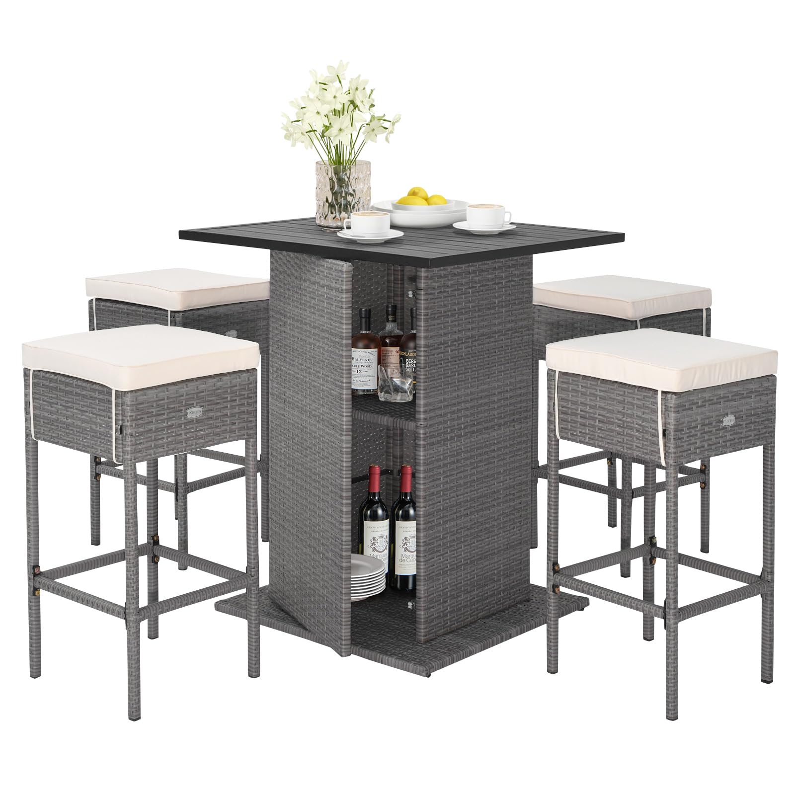 Tangkula 5-Piece Outdoor Rattan Bar Set with 4 Cushioned Stools & Storage Table - Patio Furniture for Poolside, Backyard, Lawn, Garden - Grey-White Conversation Set for Relaxing & Entertaining