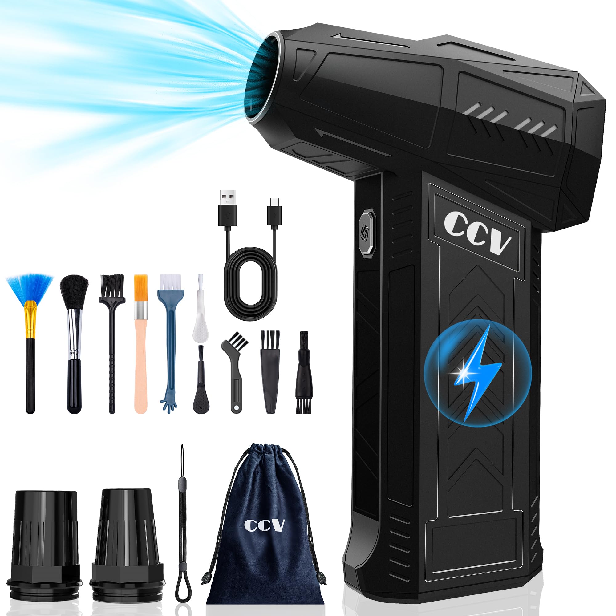180,000 RPM Cordless Electric Air Duster - Rechargeable Compressed Air Blower with 3 Speed Settings for Keyboard, PC, Car & Home Cleaning | Powerful Jet Dry Blower for Electronics, Dusting & Detailing (Black)