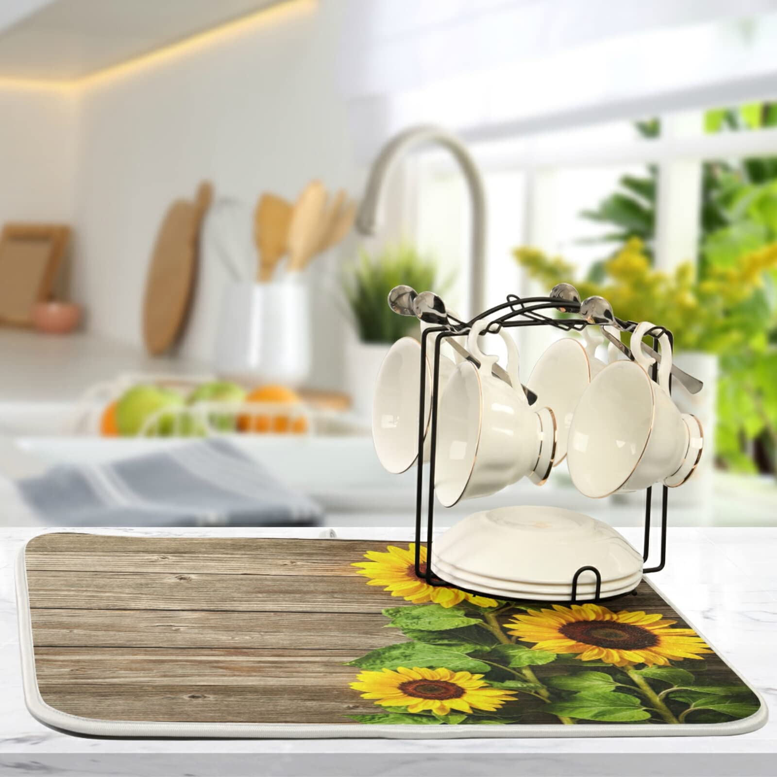 Sunflower Wood Print Coffee Bar Mat - 16x18 Inch Absorbent Dish Drying Pad for Coffee Maker, Espresso Machine & Dish Rack - Perfect for Home Kitchen Countertop & Coffee Station Accessories