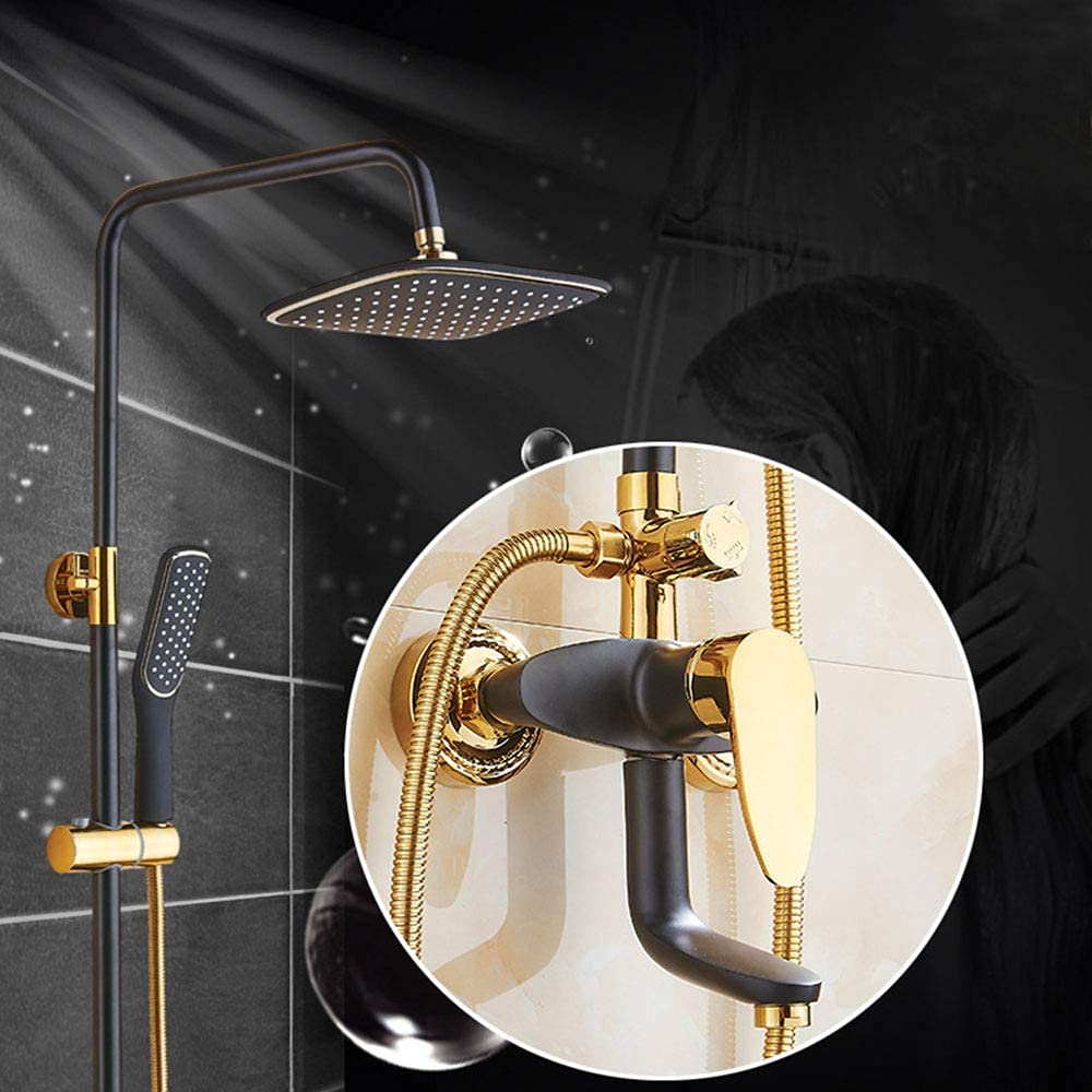 GELISURE Black Wall Mount Rainfall Shower Set with Handheld Spray - Adjustable Shower Arm, Diverter Mixer for Modern Bathroom - Perfect for Spa-Like Experience and Relaxing Showers