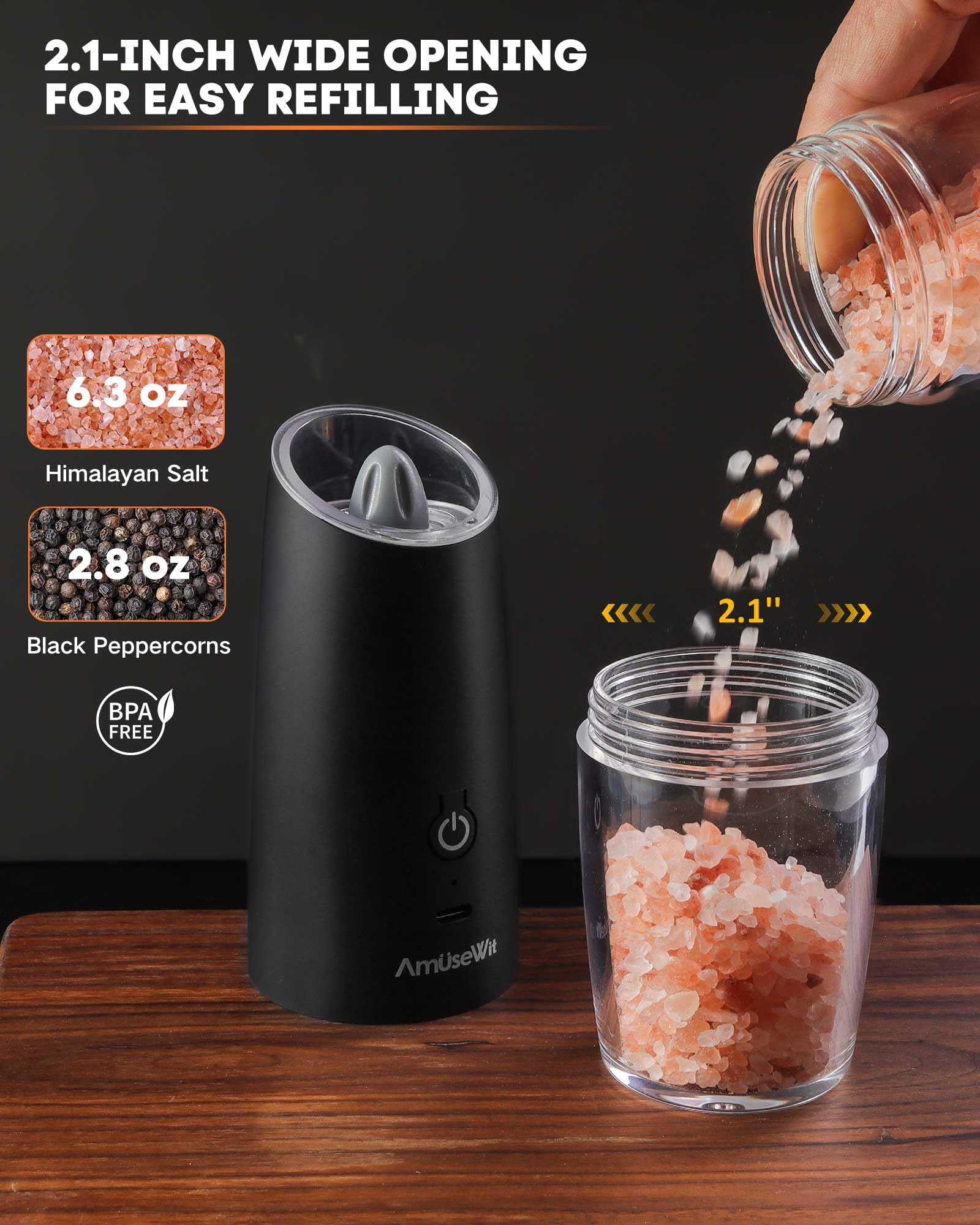 AmuseWit Gravity Electric Salt and Pepper Grinder Set - USB Rechargeable Automatic Spice Mill with Adjustable Coarseness, One-Handed Operation, Matte Black Finish | Perfect for Kitchen, Dining Table & Outdoor Cooking