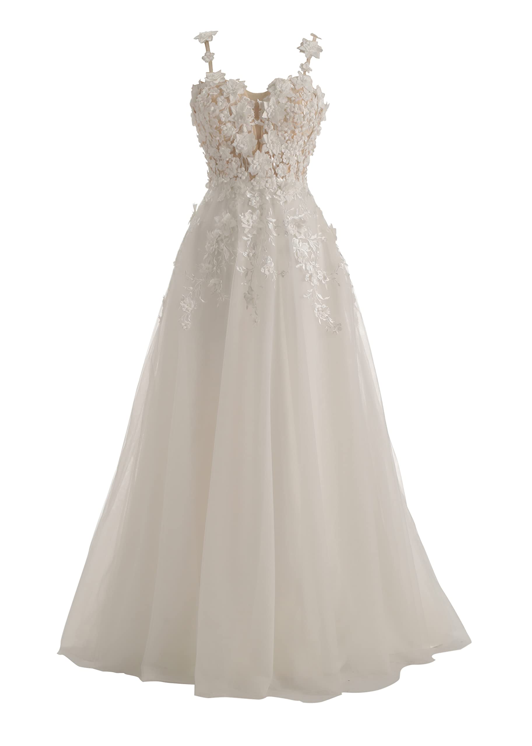 Elegant A-Line Lace Train Wedding Dress for Bride – Off Shoulder Strapless Tulle Gown with Applique Details | Perfect for Beach, Church, and Formal Wedding Ceremonies