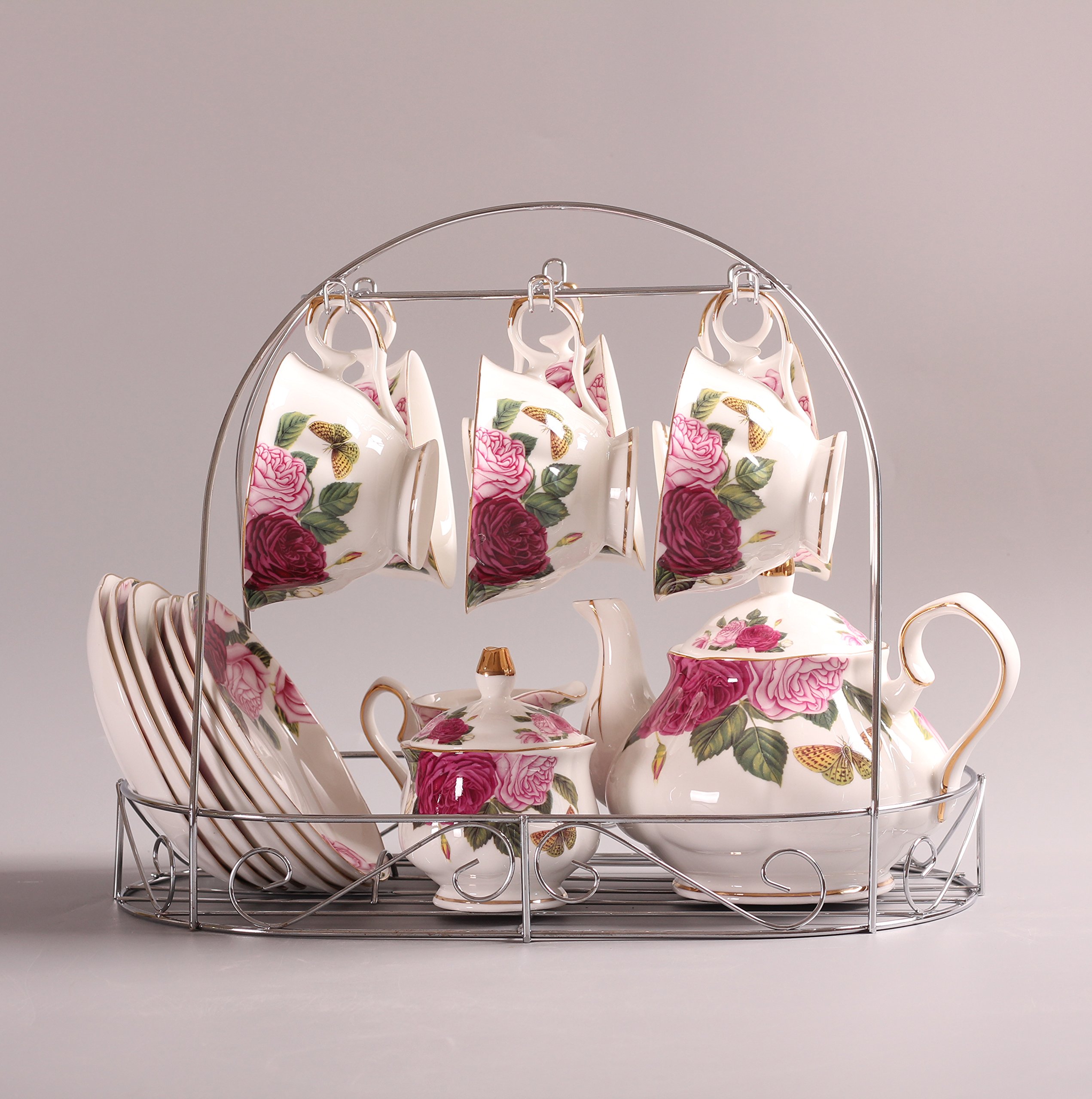 Elegant Bone China Butterfly & Floral Printed Porcelain Tea Set with Lid & Saucer - 15-Piece Coffee & Tea Cup Set for Afternoon Tea, Bridal Shower, and Luxury Home Decor