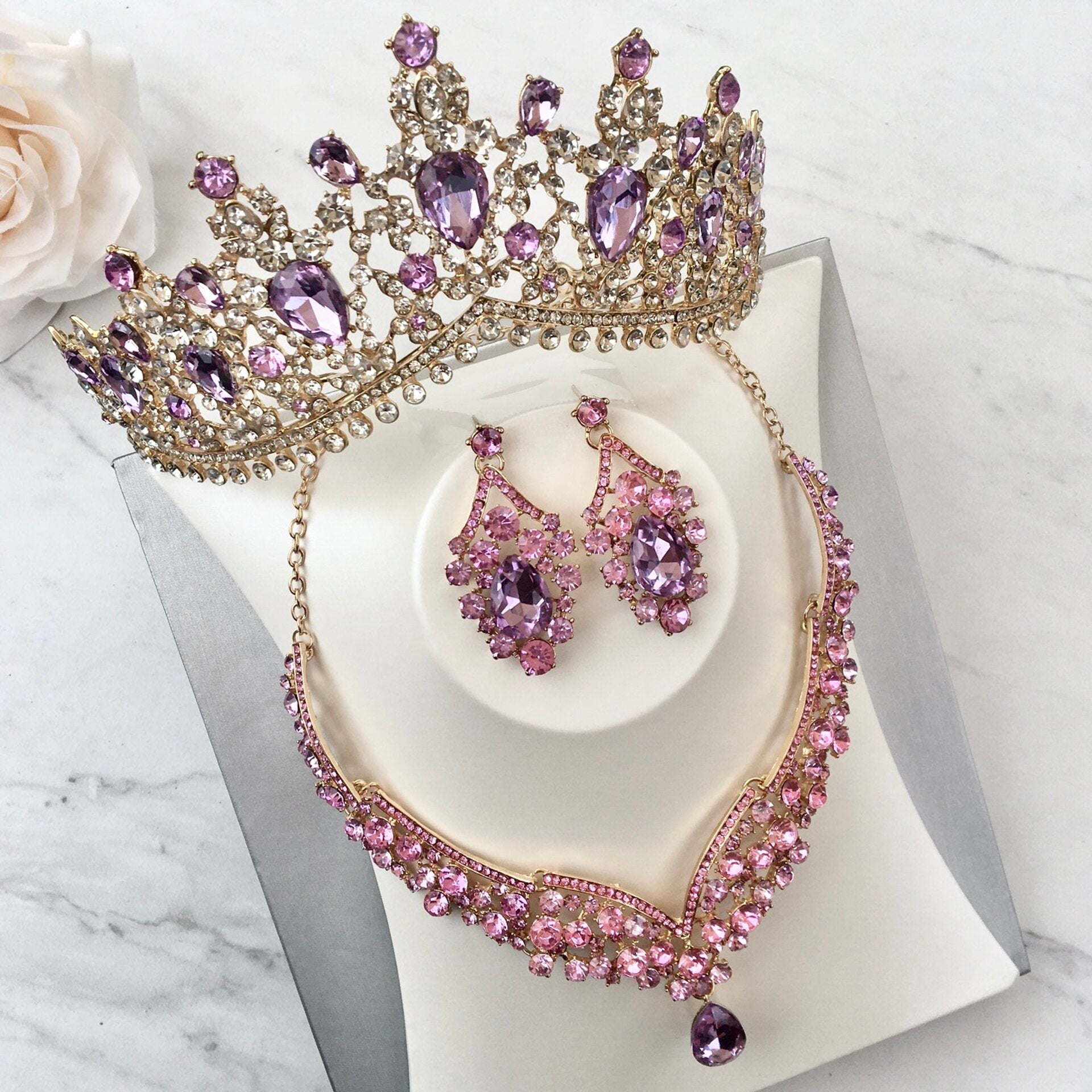 Kori Purple Crystal 3-Piece Bridal Jewelry Set with Tiara - Silver & Gold Options | Perfect for Weddings, Prom & Special Occasions