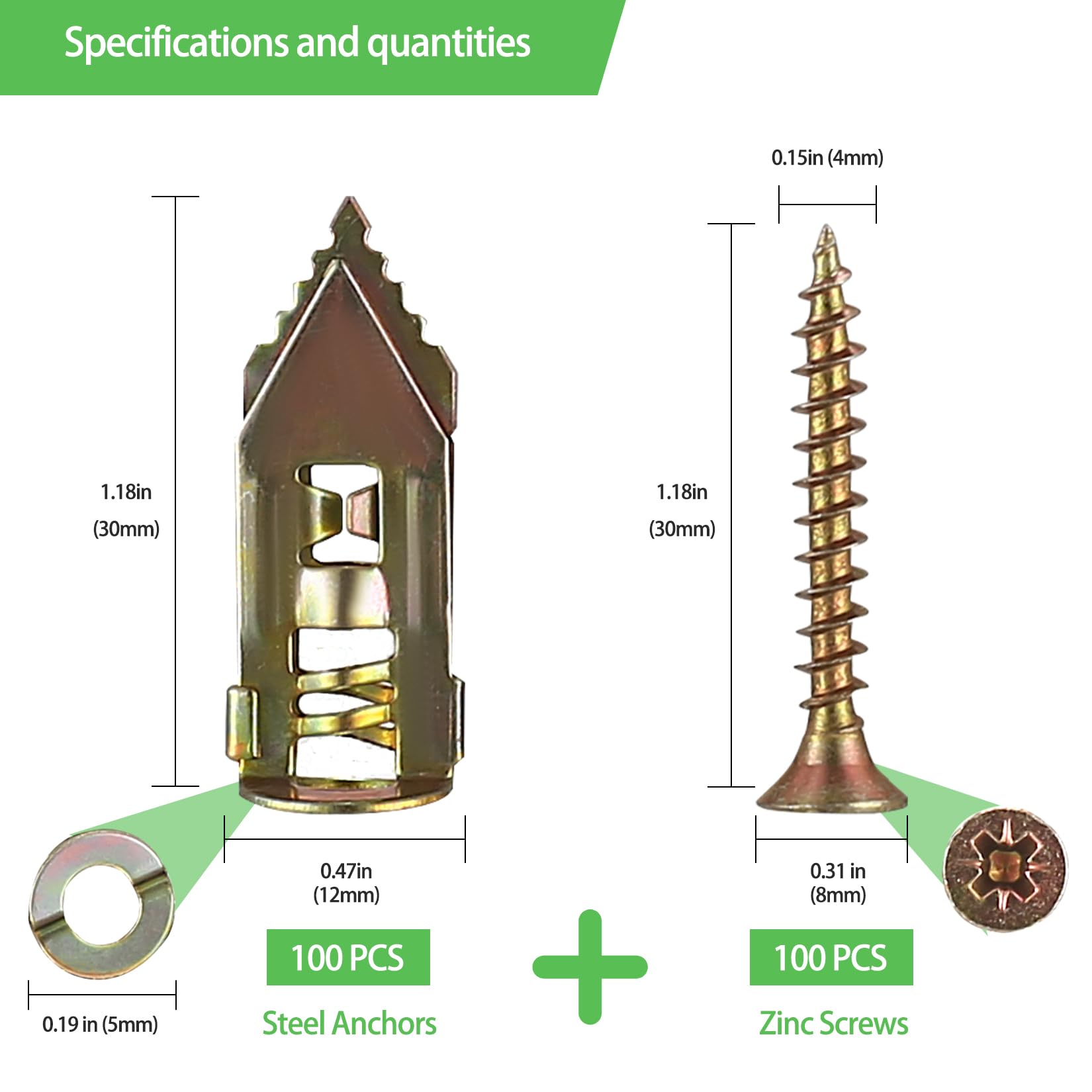 200 Pcs Self Drilling Drywall Anchors with Screws - Heavy Duty Metal Hollow Wall Anchor Kit for TV Mounting, Shelves & Curtains (100 Anchors 0.47x1.18 inch + 100 Screws) - No Drilling Required, Damage-Free Wall Installation Solution