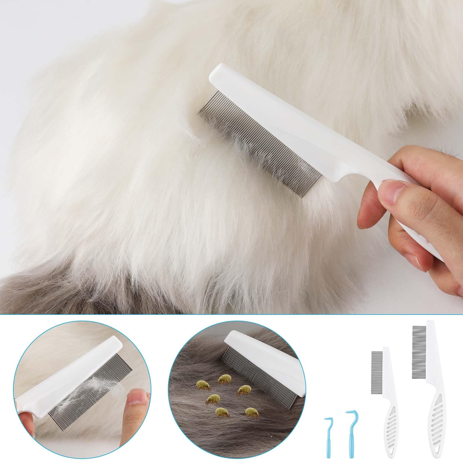 2-Pack Pet Grooming Combs & Tick Removal Tools - Fine Tooth Flea Comb for Cats & Dogs, Stainless Steel Teeth for Tear Stain & Hair Removal | Perfect for Home Grooming & Professional Pet Care