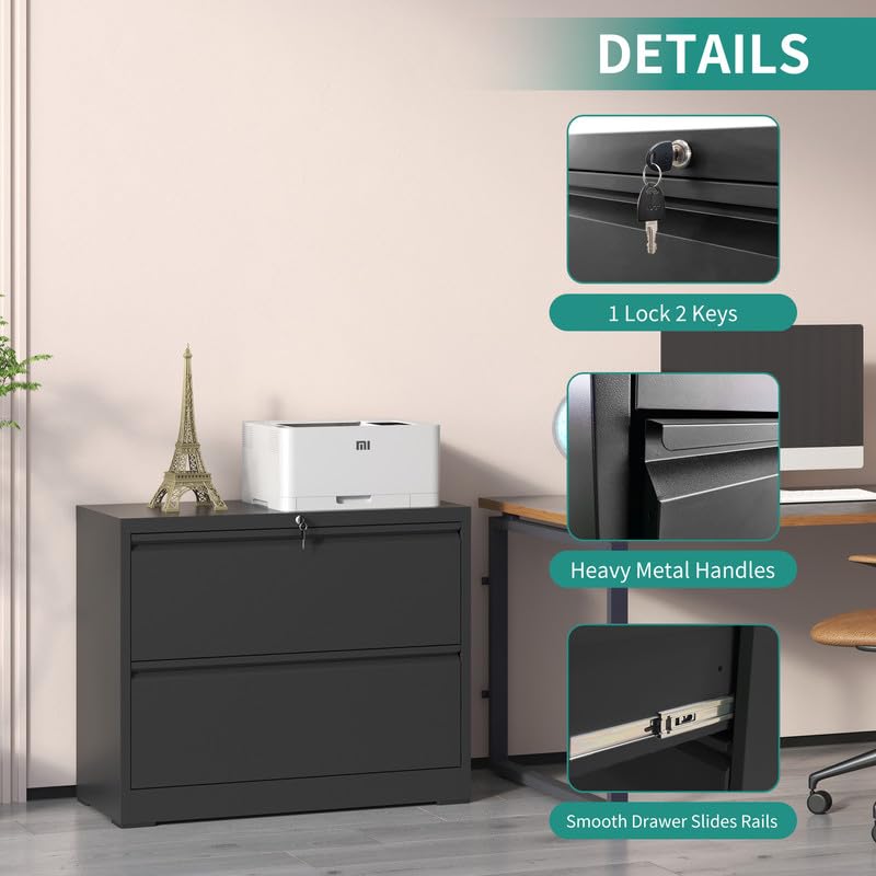 2-Drawer Lateral File Cabinet with Lock - Black Metal Filing Cabinet for Home Office, Steel Storage Cabinet for Letter/Legal/F4/A4 Files with Hanging Bars - Perfect for Organizing Documents in Office, Study Room or Home Workspace (Assembly Required)