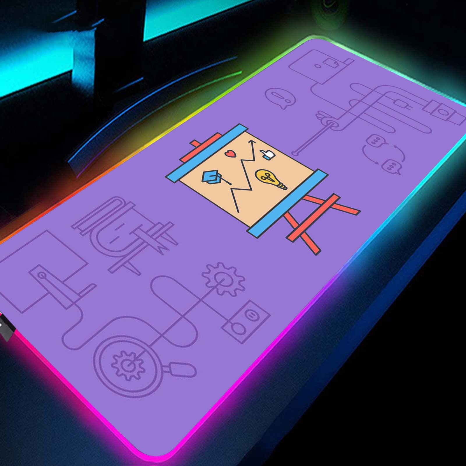 Large RGB LED Backlit Gaming Mouse Pad - 19.7 x 47 Inch Purple Cartoon Wiring Design Desk Mat for PC, Keyboard & Mouse | Perfect for Gamers, Office & Home Computer Setup