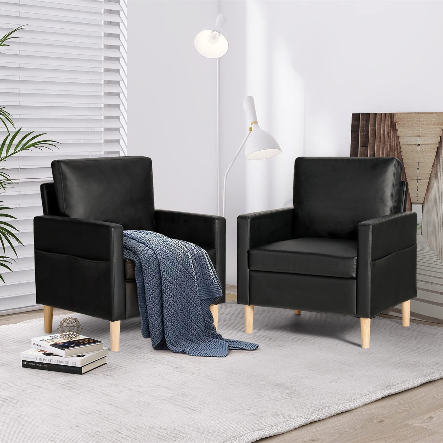 AILEEKISS Mid-Century Modern Upholstered Faux Leather Accent Armchair Set of 2 - Living Room, Apartment, Dorm & Office Furniture for Small Spaces (Black) - Perfect for Compact Homes, Reading Nooks & Guest Seating