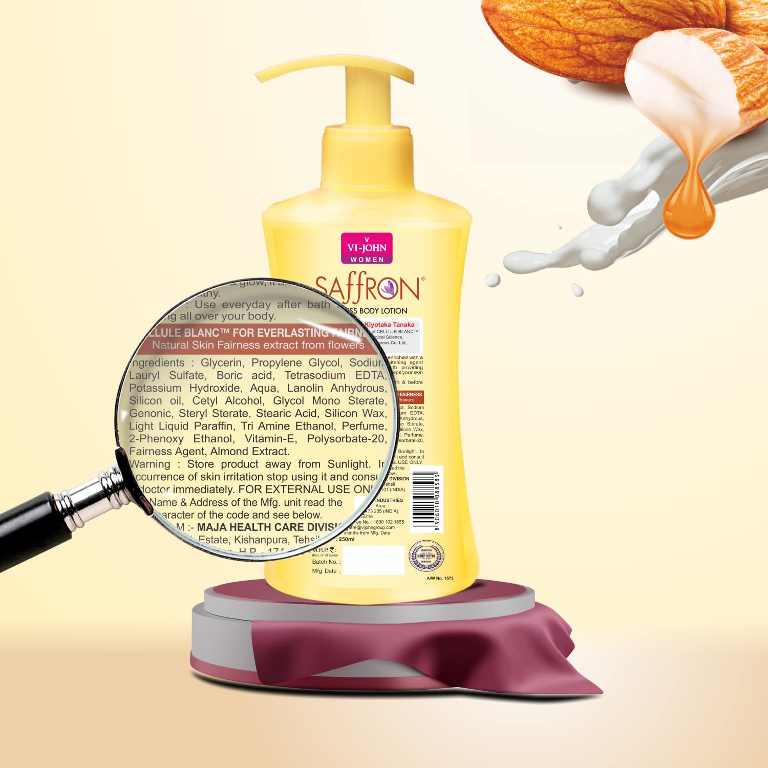 VI-JOHN Milk Almond Saffron Fairness Body Lotion for Men & Women - 48H Hydration, Chemical-Free Moisturizer, 250ml | Brightens Skin Tone & Nourishes Dry Skin for Daily Use at Home or Gym