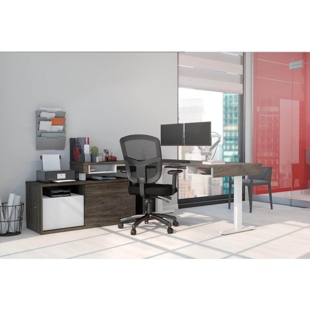 Ergonomic L-Shaped Standing Desk with Built-in Credenza & Dual Monitor Arm - 2 Color Options for Home & Office Workspace