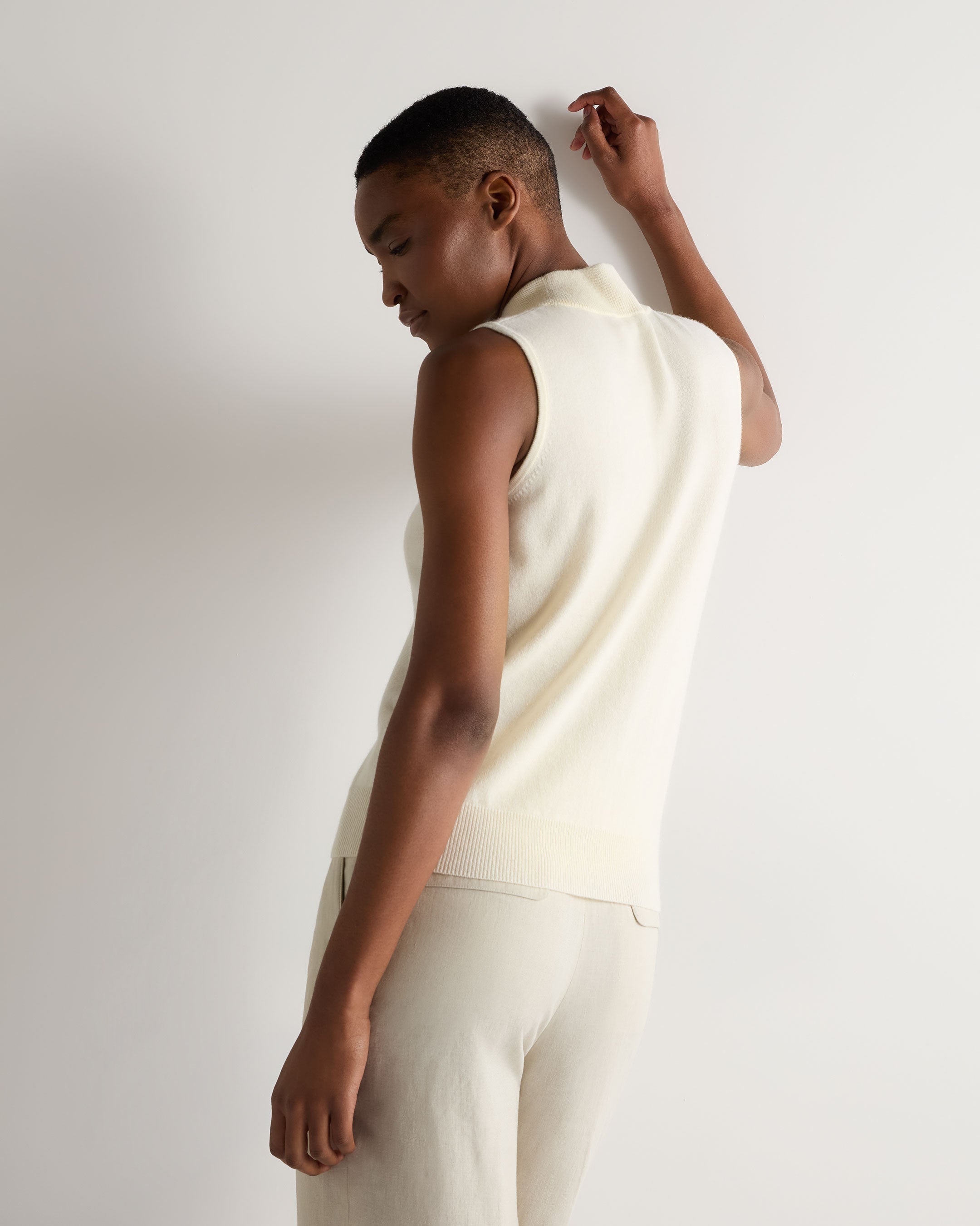 Women's Aurora Mock Neck Cashmere Tank Top - Soft Ivory White Winter Layering Piece for Work & Casual Outfits