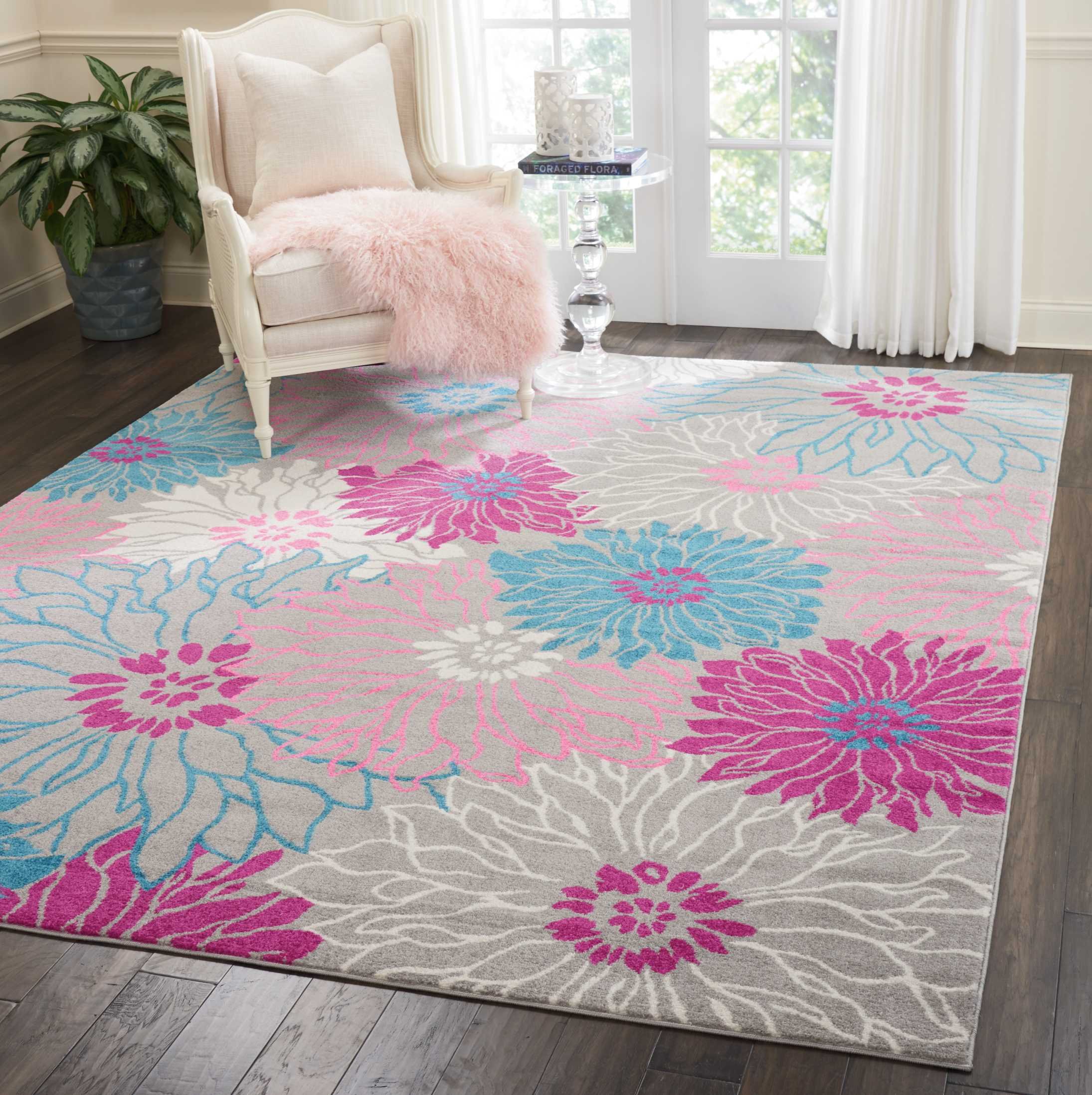 Nourison Passion Grey 8' x 10' Floral Farmhouse Area Rug - Easy to Clean, Non-Shedding - Perfect for Bedroom, Living Room, Dining Room & Kitchen Decor