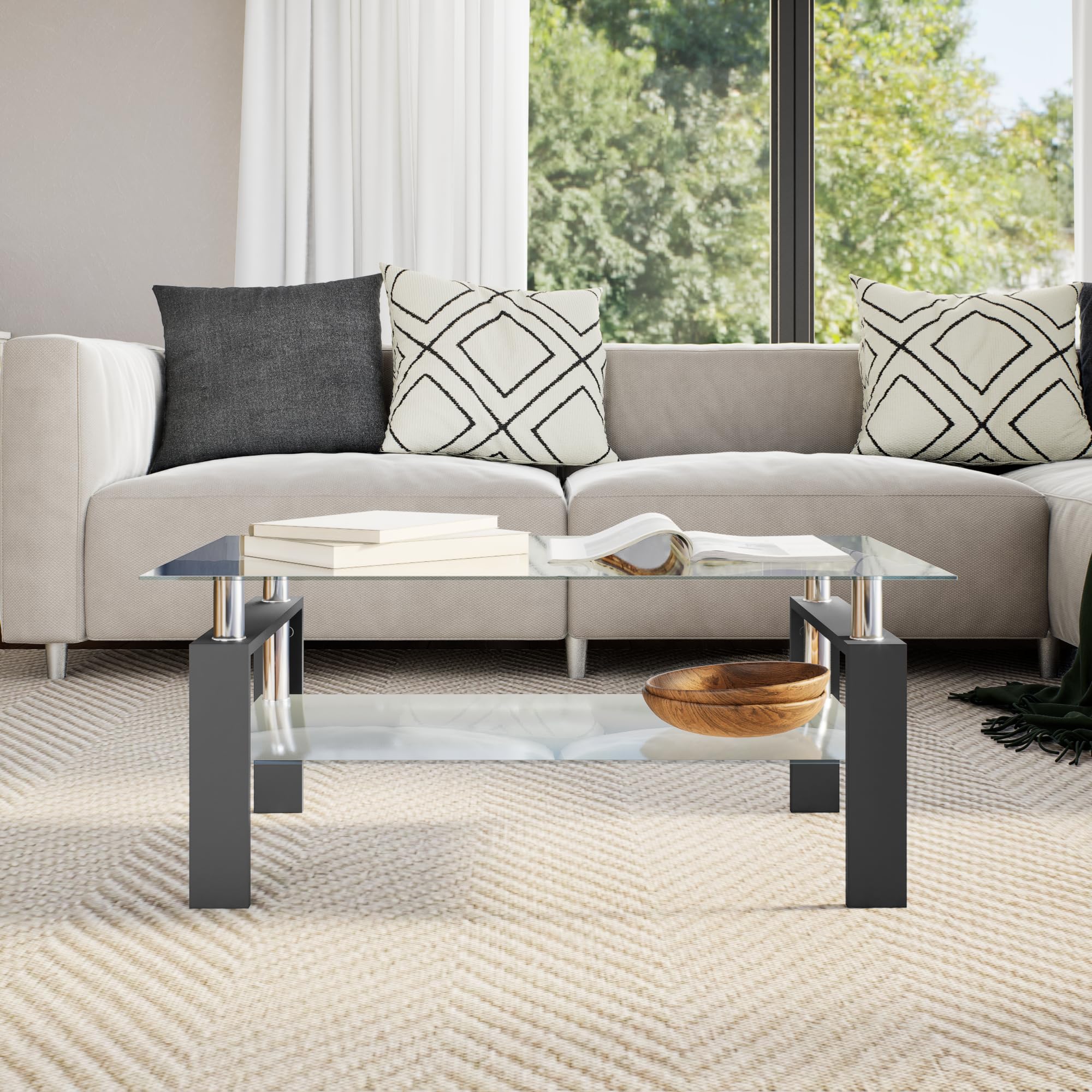 Modern Black & Transparent Tempered Glass Coffee Table with Melamine Legs - 2-Tier Design, Easy to Clean, 37.4