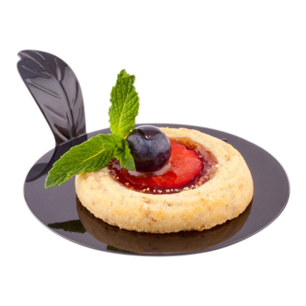 100-Pack Disposable Black Plastic Appetizer Plates 3x3x1 Inch - Round Pastry Dessert Plates with Built-In Handle for Easy Serving | Perfect for Parties, Catering & Restaurants